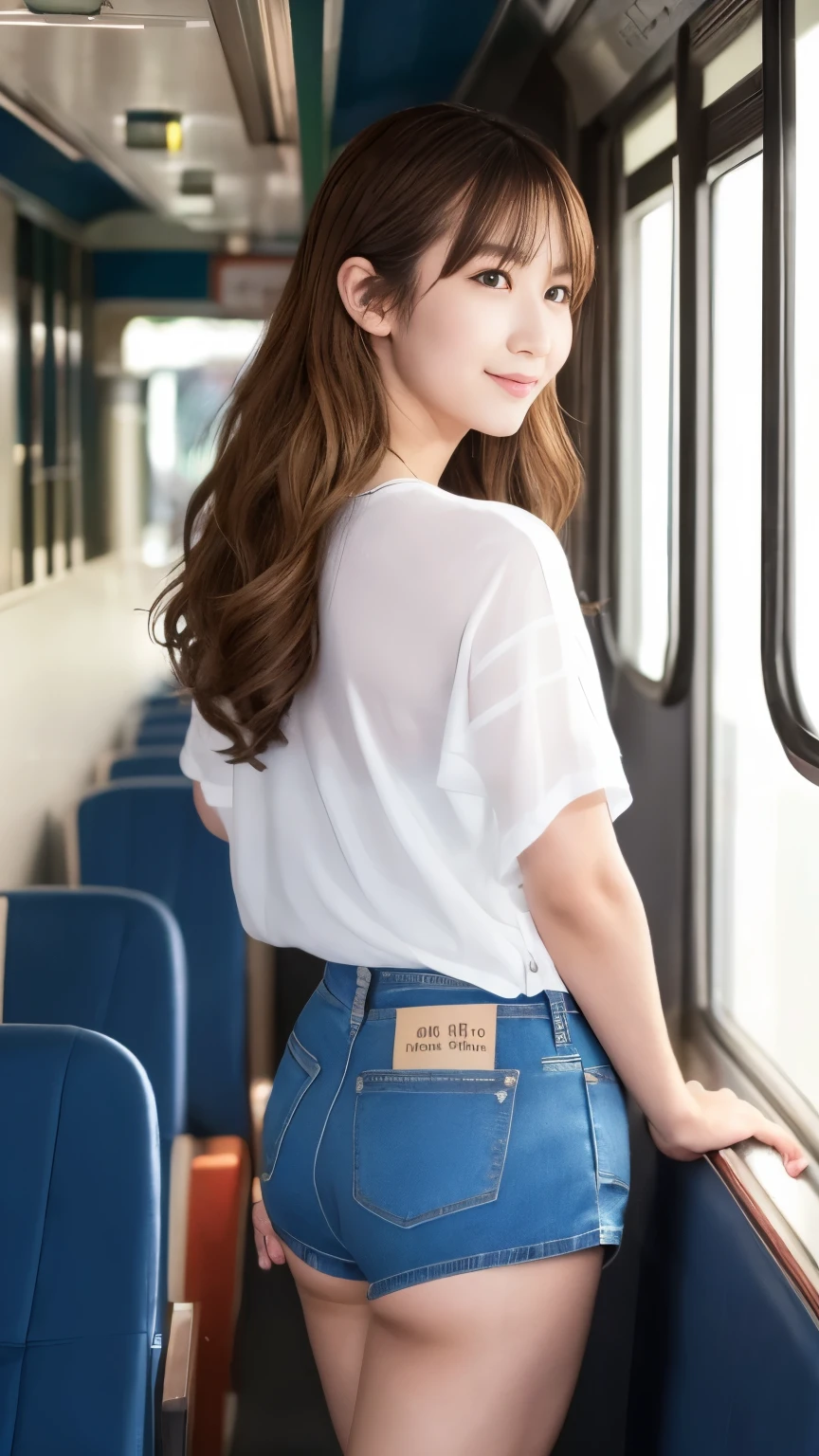 Photo-realistic image quality、Japan Railways、Japanese Trains、(Very short pants、Oversized hot pants:1.3)、(Denim fabric hot pants)、Beautiful feet、Great style、slender、Mid-chest、Beautiful Skin、Smooth Skin、Beautiful thighs、Beautiful calves、cute、Beauty、(Chignon Hair)、Fair skin、(Brown Hair)、Upright、I am on a train、Grab onto the strap、(Voyeur)、White T-shirt、(Shooting from the side、Shoot diagonally from behind、Shooting from diagonally in front),reduce noise、bright、(Not aware that they are being watched:1.3)、(pov peeping)、smile、(素足でWearing sandals:1.2)、Long legs、Beautiful legs、(Wearing sandals),(The line of the underwear is visible、See-through bra:1.15)