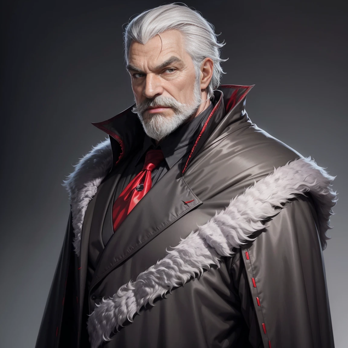 1man,gray hair, gray mustache, gray beard,vampire, vampire fangs, handsome, wearing black suitcoat, wearing red shoulder robe, dracula,malicious aura, Closer distance face, Closer distance head, closer distance pressing against me, hd, high quality, hyperdetail, ultra-realistic, 8k Resolution 