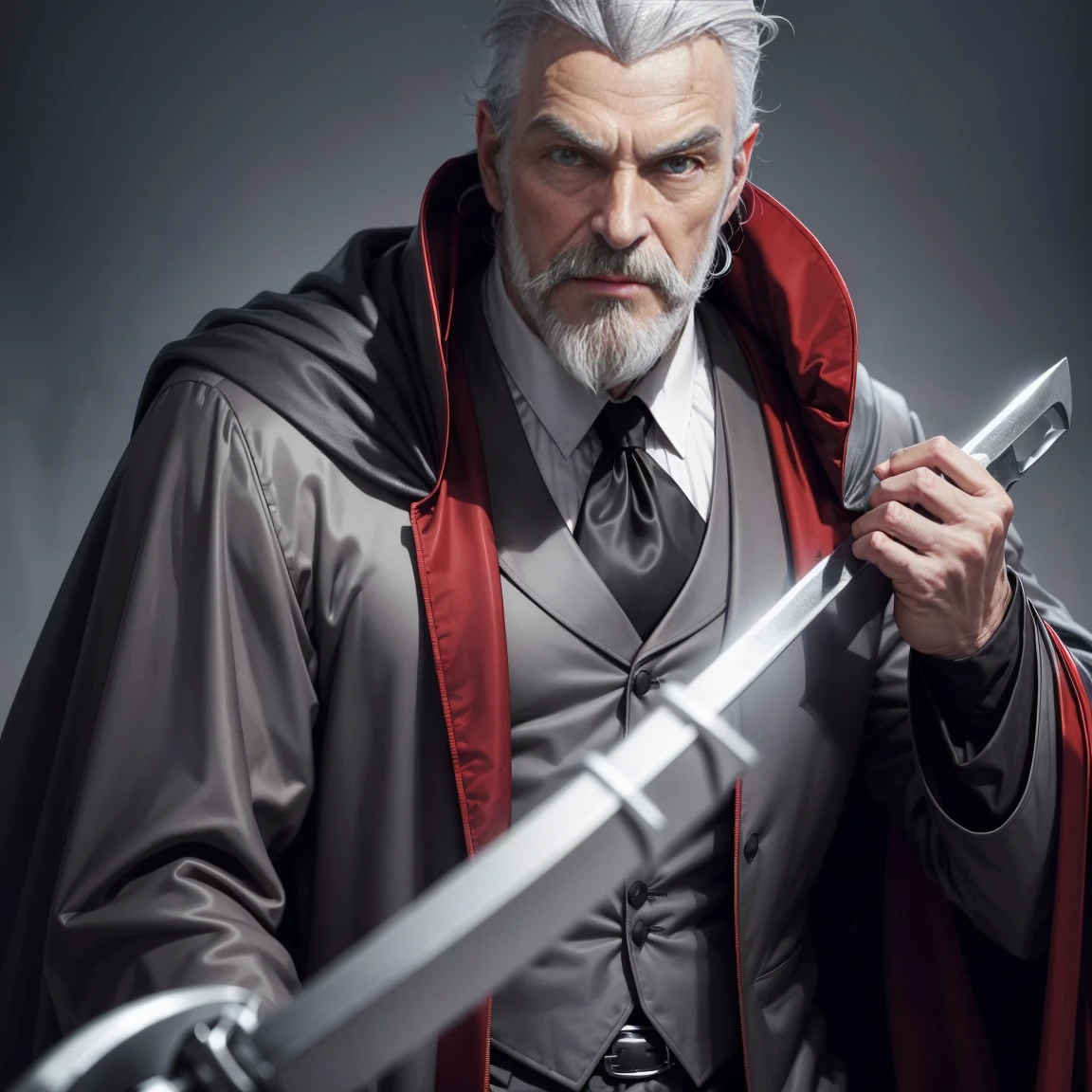 1man,gray hair, gray mustache, gray beard,vampire, vampire fangs, handsome, wearing black suitcoat, wearing red shoulder robe, dracula,malicious aura, Closer distance face, Closer distance head, closer distance pressing against me, hd, high quality, hyperdetail, ultra-realistic, 8k Resolution 