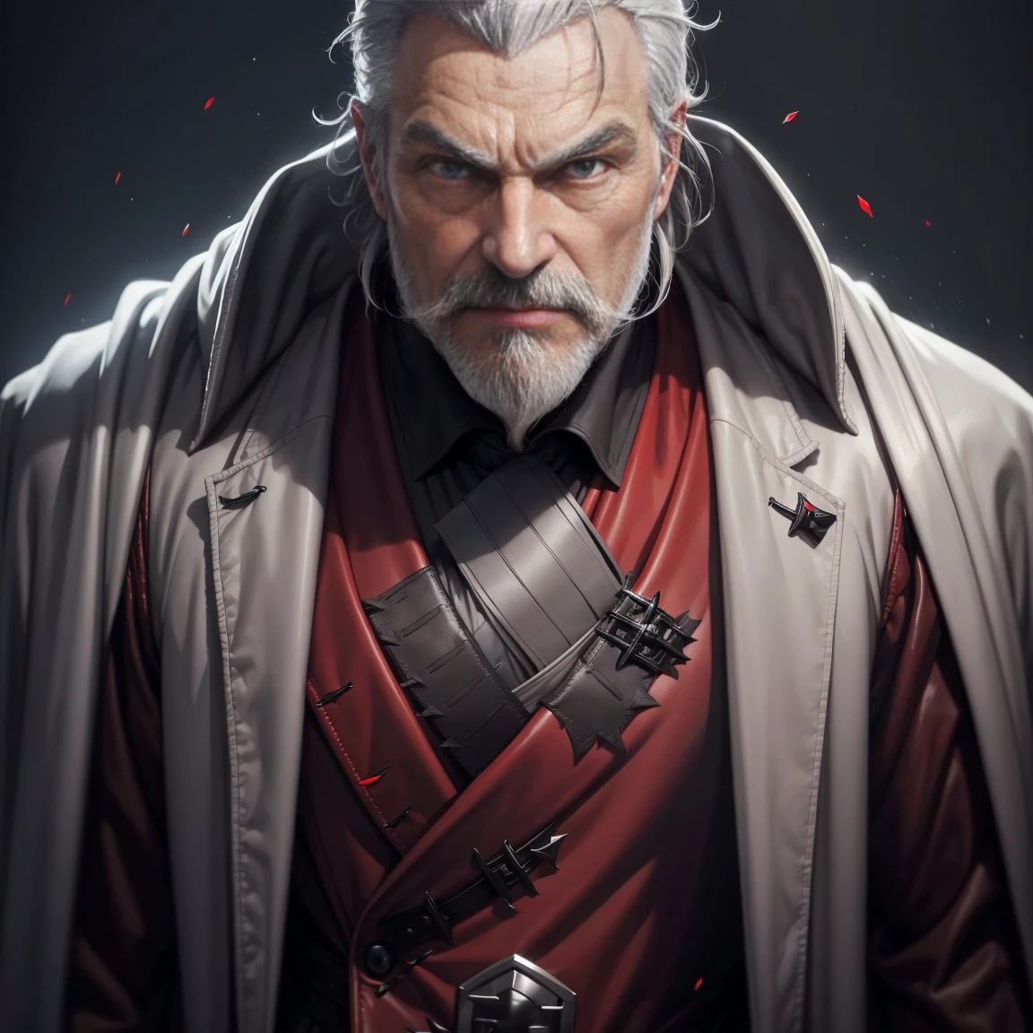 1man,gray hair, gray mustache, gray beard,vampire, vampire fangs, handsome, wearing black suitcoat, wearing red shoulder robe, dracula,malicious aura, Closer distance face, Closer distance head, closer distance pressing against me, hd, high quality, hyperdetail, ultra-realistic, 8k Resolution 