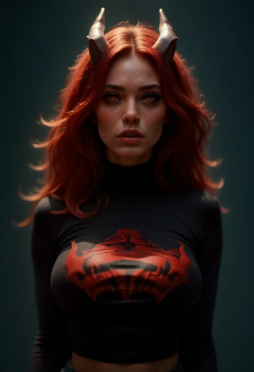 highly detailed, seductive erotic female with horns, skin tight shirt, (busty, boobs are so massive shirt keeps busting, red hair), centered on the face, face focused, intricate eyes,