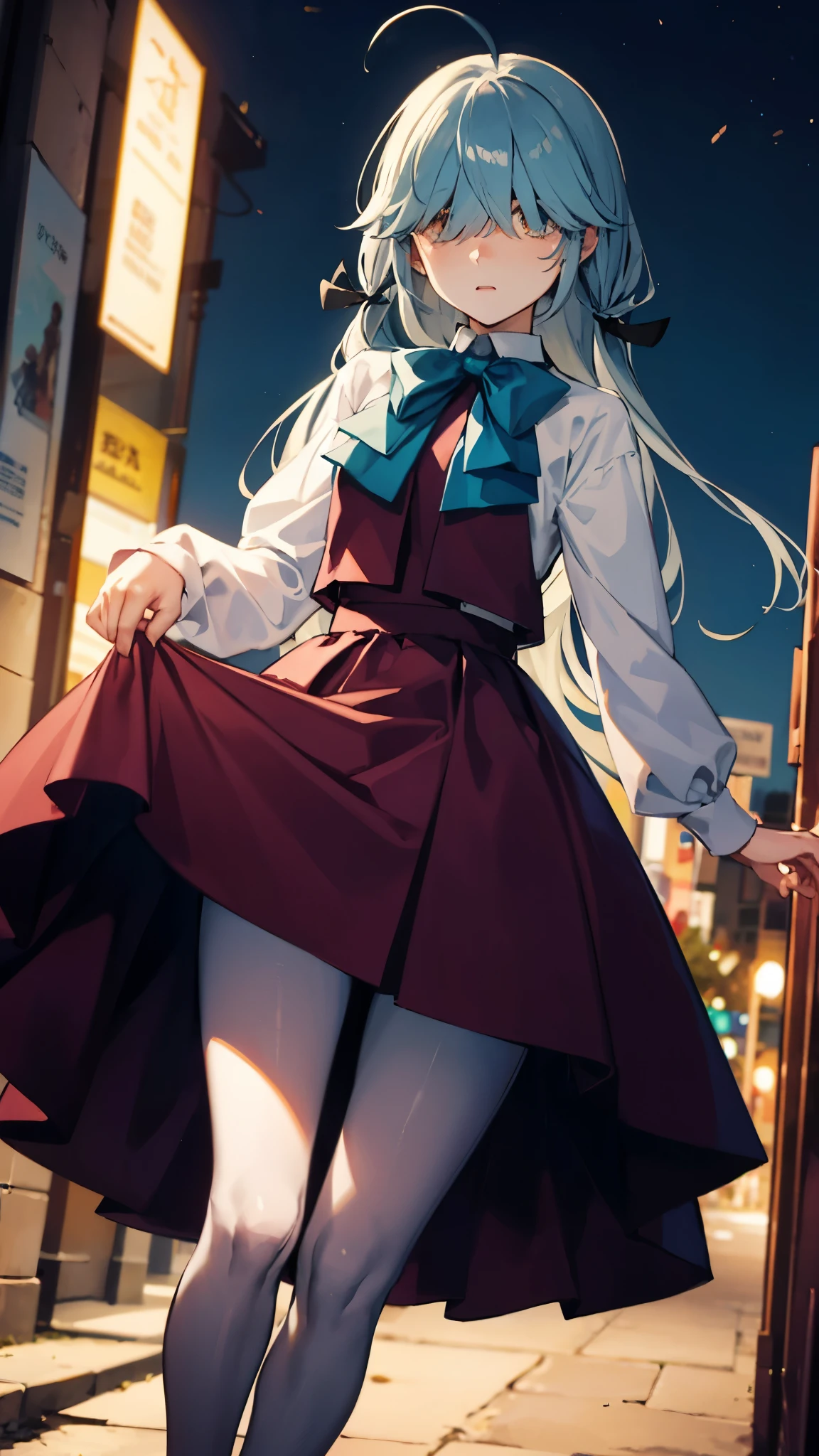 Highest quality　masterpiece　High resolution　Fleet Collection_Hama Wave　Ahoge, Hair above the eyes, Hair on one eye, Hair Ribbon, Single Blade, Hair that falls over the shoulders, school uniform, dress, Halter neck, White Shirt, Bow tie, Grey pantyhose,　Flared skirt　Lift one leg　Composition looking up from below　A bewildered expression　Under the night sky