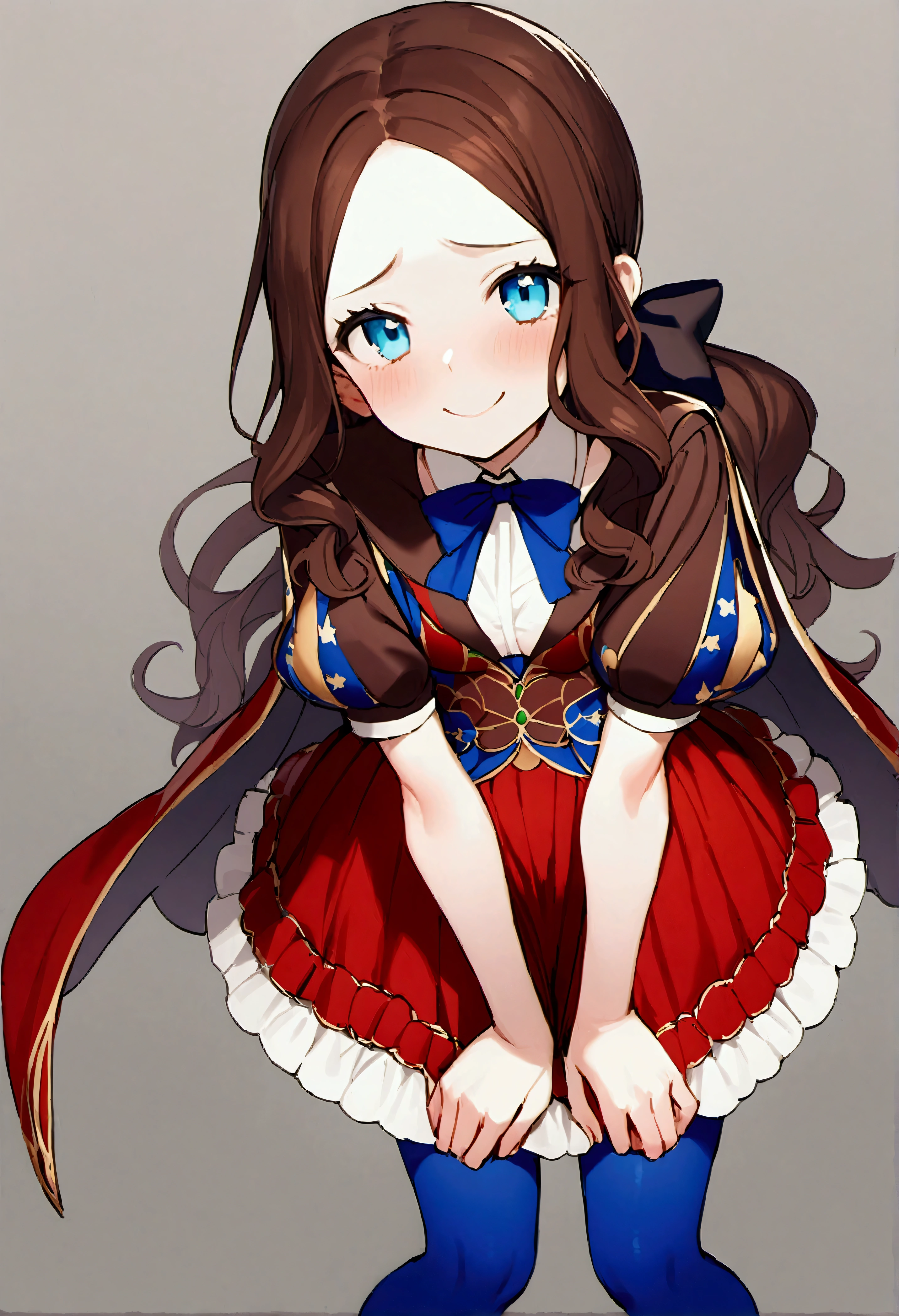 NSFW,masterpiece,Highest quality,High resolution,Very detailed,Leonardo da Vinci\(Fate/grandorder\),blue eyes, Long Hair, Brown Hair, Side Lock, Low Ponytail, ribbon, dress, White shirt, Puff sleeves, Short sleeve, Red Skirt, Cape, Blue Pantyhose,Small breasts,Bad Smile,provoke,graduate School