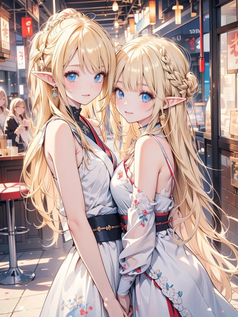 masterpiece, best quality, 2girls, ultra detailed, ultra highres, 8k, well-definded facial features, anatomically correct, cute girl, long pointy ears, elf, nice face, blonde hair, blue eyes, making a toast, Ukiyo-e,