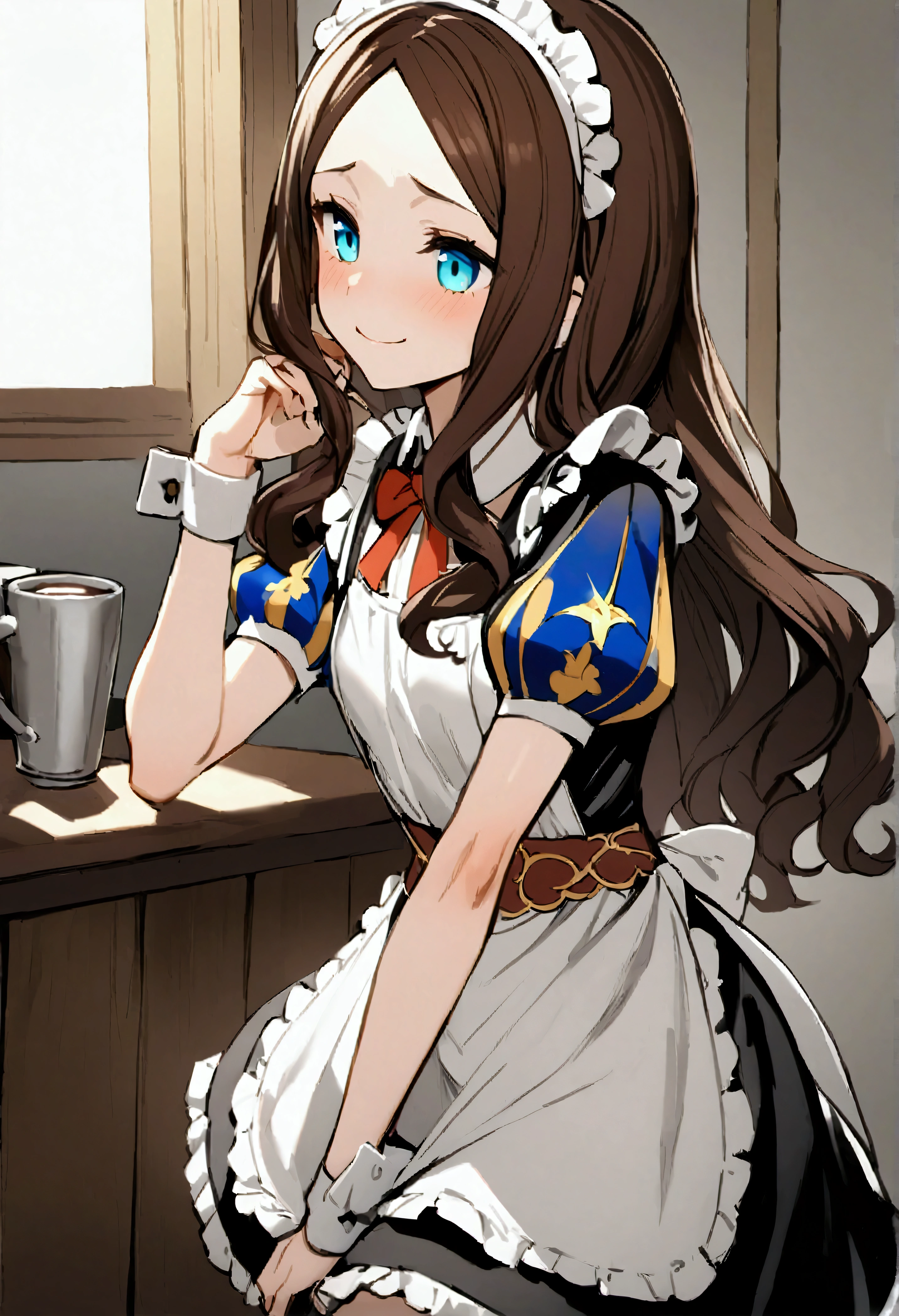 NSFW,masterpiece,Highest quality,High resolution,Very detailed,Leonardo da Vinci\(Fate/grandorder\),blue eyes, Long Hair, Brown Hair, Side Lock, Low Ponytail, ribbon, Short sleeve, Wrist cuff, maid, apron, maidヘッドドレス, Black knee socks,Small breasts,Bewitching Smile,Coffee shop,Customer Service