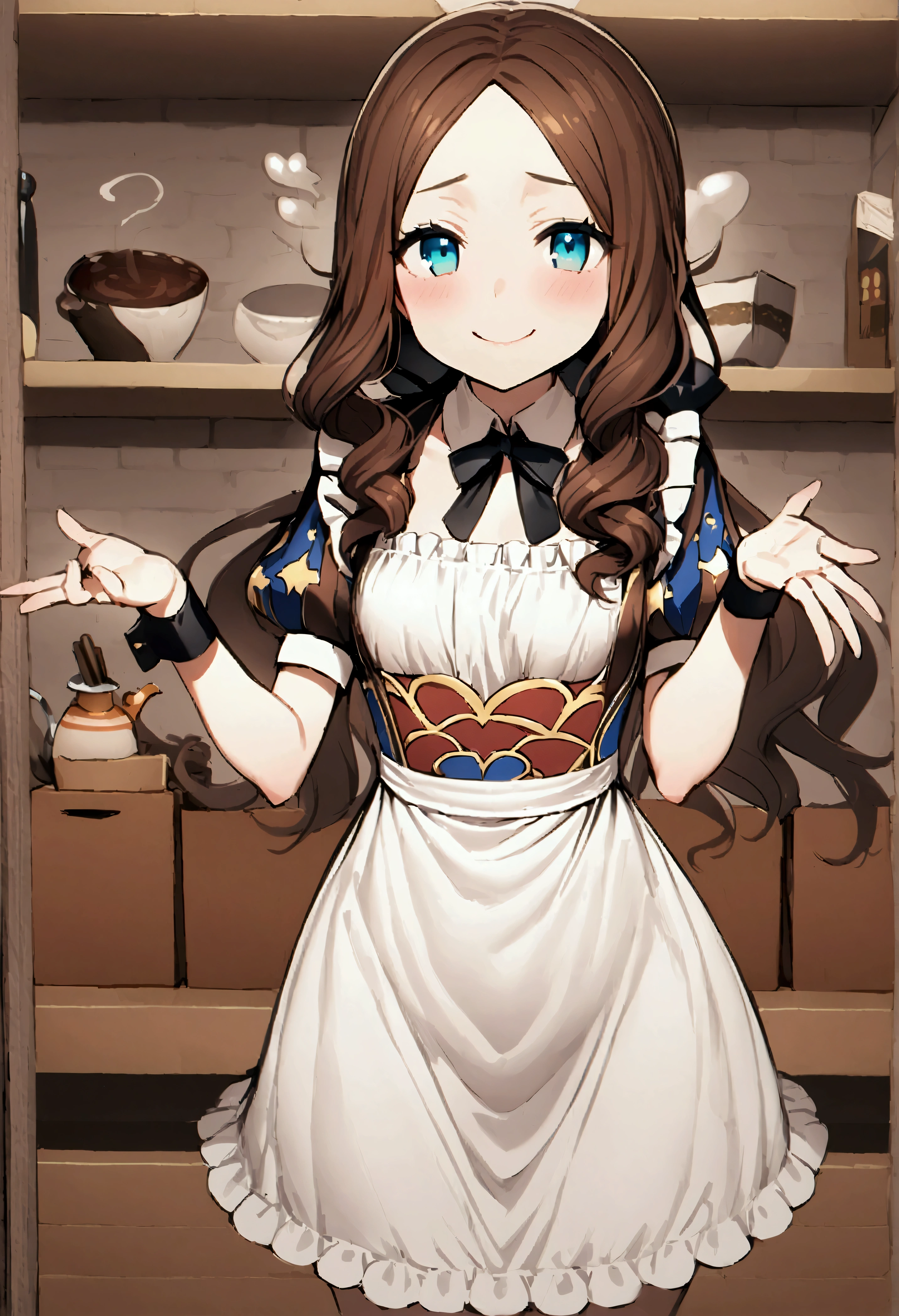 NSFW,masterpiece,Highest quality,High resolution,Very detailed,Leonardo da Vinci\(Fate/grandorder\),blue eyes, Long Hair, Brown Hair, Side Lock, Low Ponytail, ribbon, Short sleeve, Wrist cuff, maid, apron, maidヘッドドレス, Black knee socks,Small breasts,Bewitching Smile,Coffee shop,Customer Service