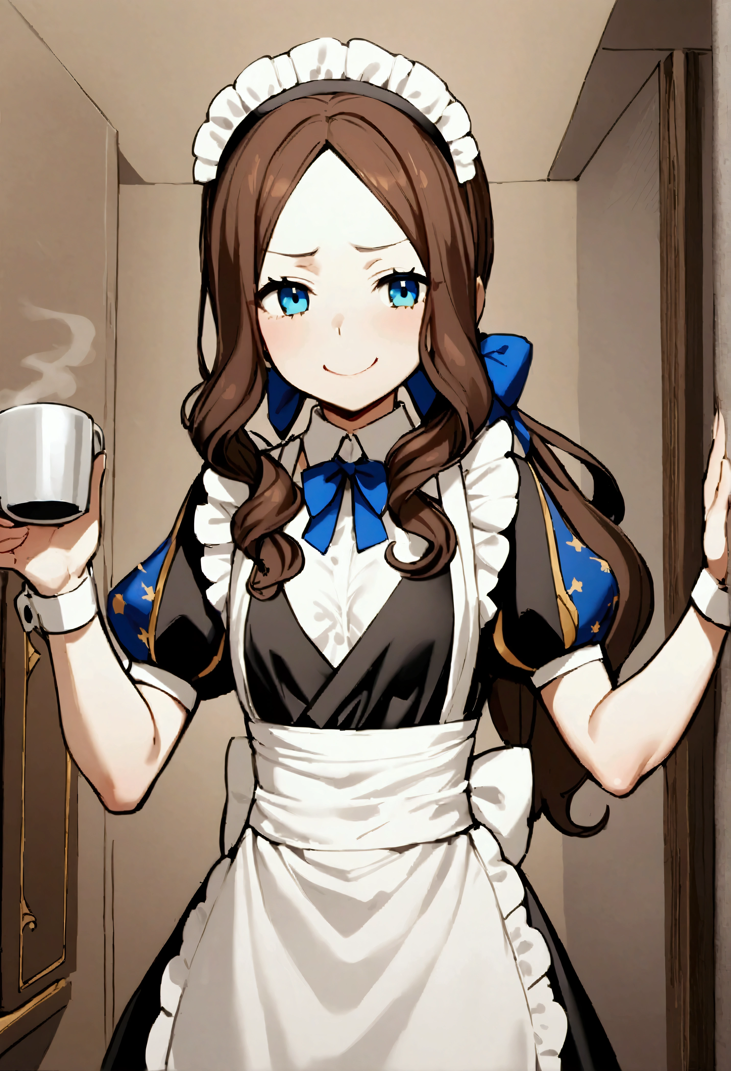 NSFW,masterpiece,Highest quality,High resolution,Very detailed,Leonardo da Vinci\(Fate/grandorder\),blue eyes, Long Hair, Brown Hair, Side Lock, Low Ponytail, ribbon, Short sleeve, Wrist cuff, maid, apron, maidヘッドドレス, Black knee socks,Small breasts,Bewitching Smile,Coffee shop,Customer Service