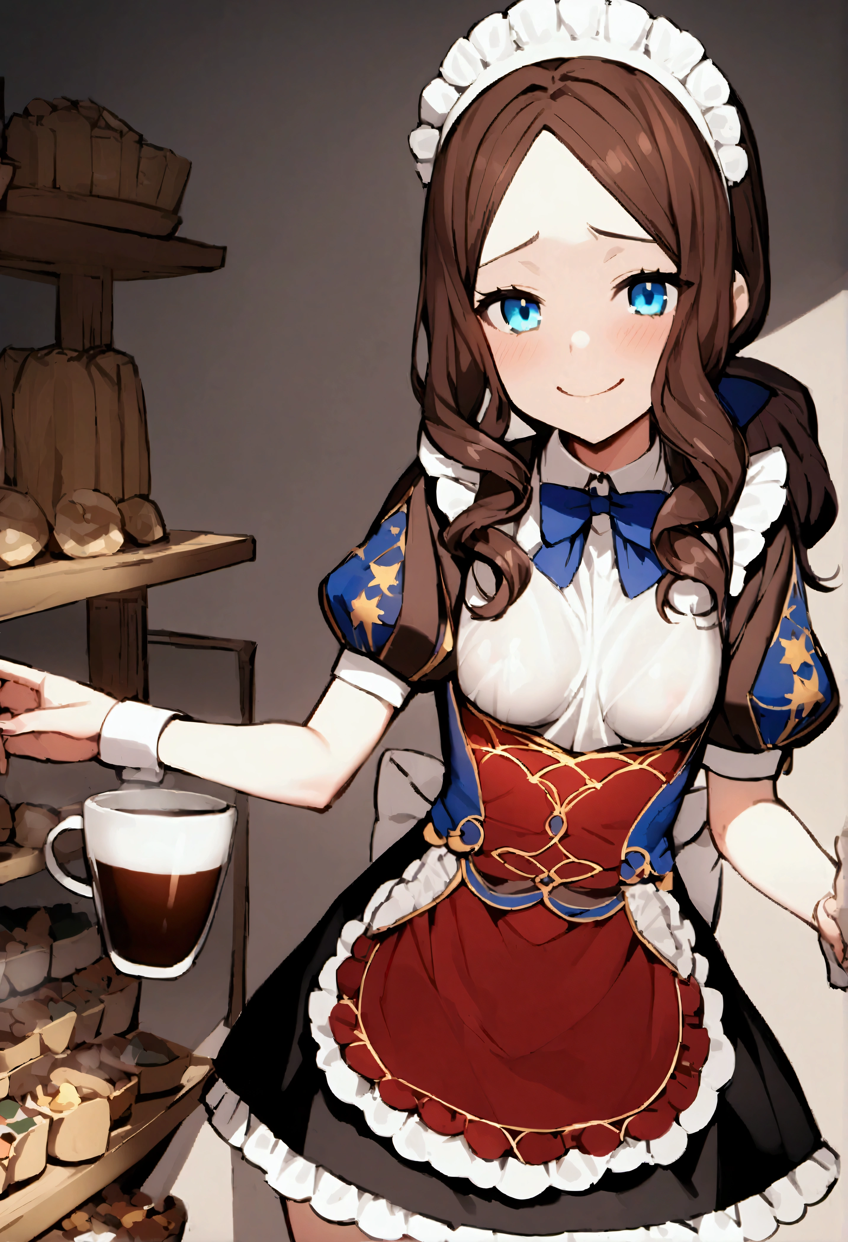 NSFW,masterpiece,Highest quality,High resolution,Very detailed,Leonardo da Vinci\(Fate/grandorder\),blue eyes, Long Hair, Brown Hair, Side Lock, Low Ponytail, ribbon, Short sleeve, Wrist cuff, maid, apron, maidヘッドドレス, Black knee socks,Small breasts,Bewitching Smile,Coffee shop,Customer Service
