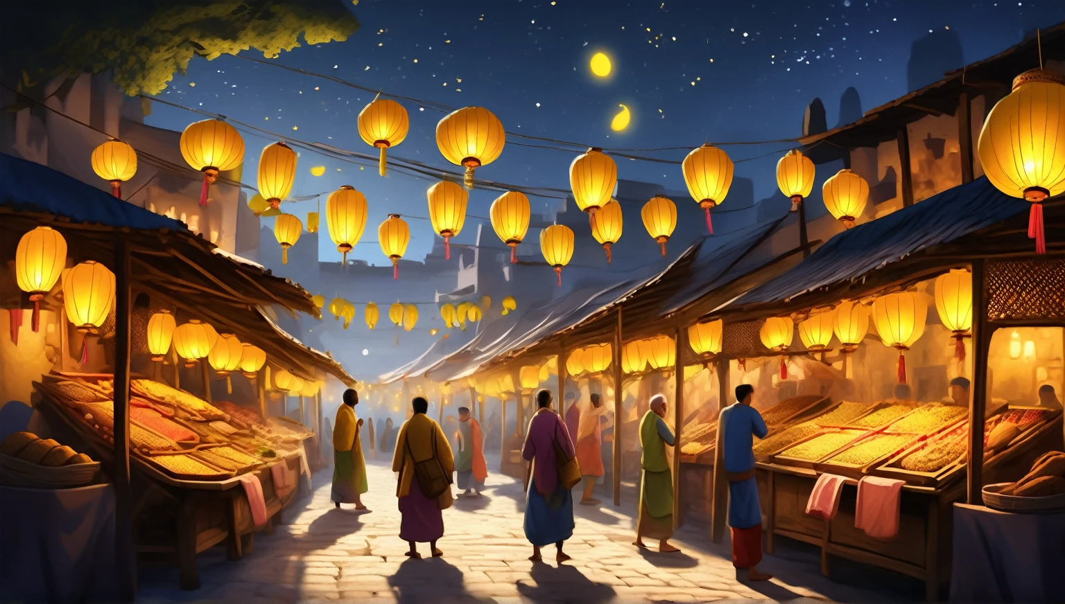 a bustling ancient marketplace at night, wooden structure, yellow lanterns illuminating the scene, vendors selling exotic goods, fresh produce, handmade crafts, wooden stalls adorned with intricate carvings and colorful tapestries, vendor tending to overflowing fruit and vegetable stall, customer haggling over rare spice, group of musicians playing traditional instruments, deep indigo night sky with twinkling stars, yellow lanterns casting warm glow and long shadows, scent of incense, fresh bread, roasting meats, ancient temple silhouette in background, laughter, music, merchants calling out

(best quality,4k,8k,highres,masterpiece:1.2),ultra-detailed,(realistic,photorealistic,photo-realistic:1.37),HDR,UHD,studio lighting,sharp focus,fantasy,cinematic lighting,dramatic