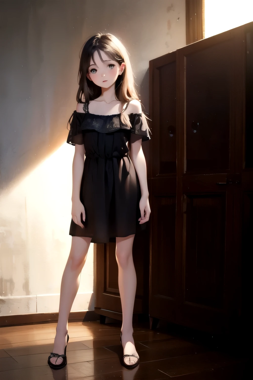 eleonora girl ,full body, professional, photoshoot Best quality, masterpiece, ultra high res, (photorealistic:1.4), raw photo, 1girl, offshoulder, in the dark, deep shadow, low key, cold light, detailed skin, casual dress