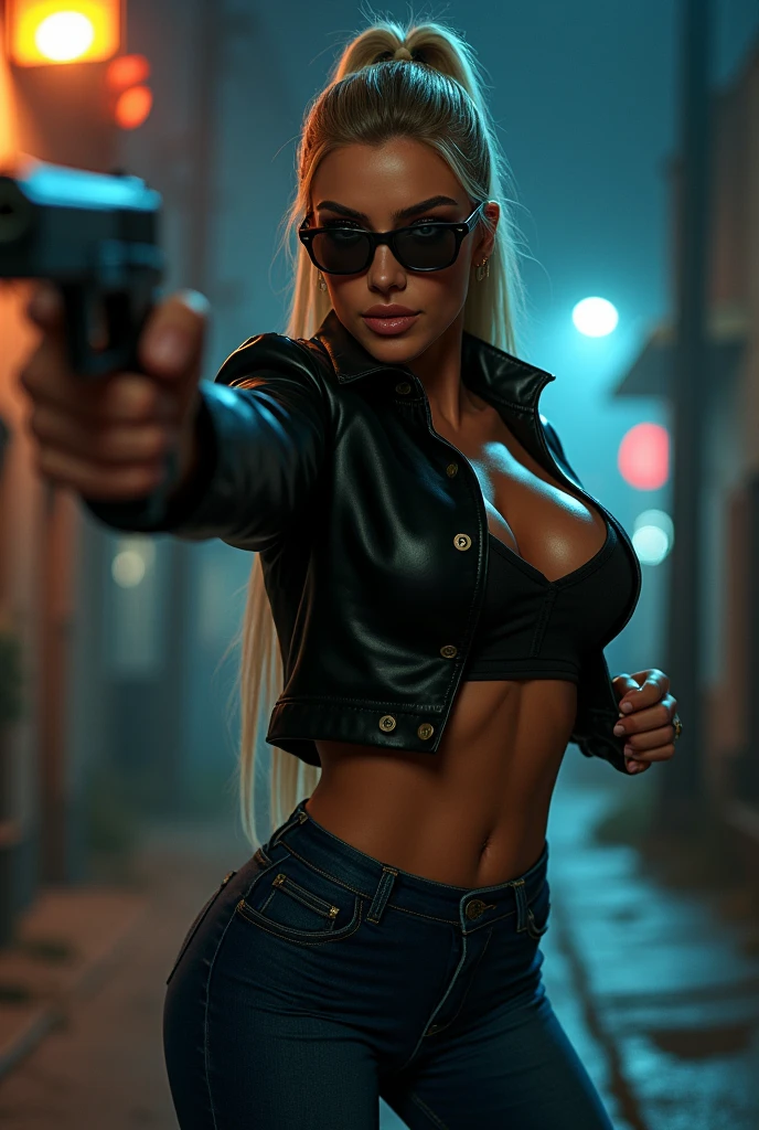 Girl in latex bikini ,sexy , blonde short hair , huge breasts , sexy hips , skinny waist , white sneakers , in the street , night , red lights, ,jeans shorts , black gloves