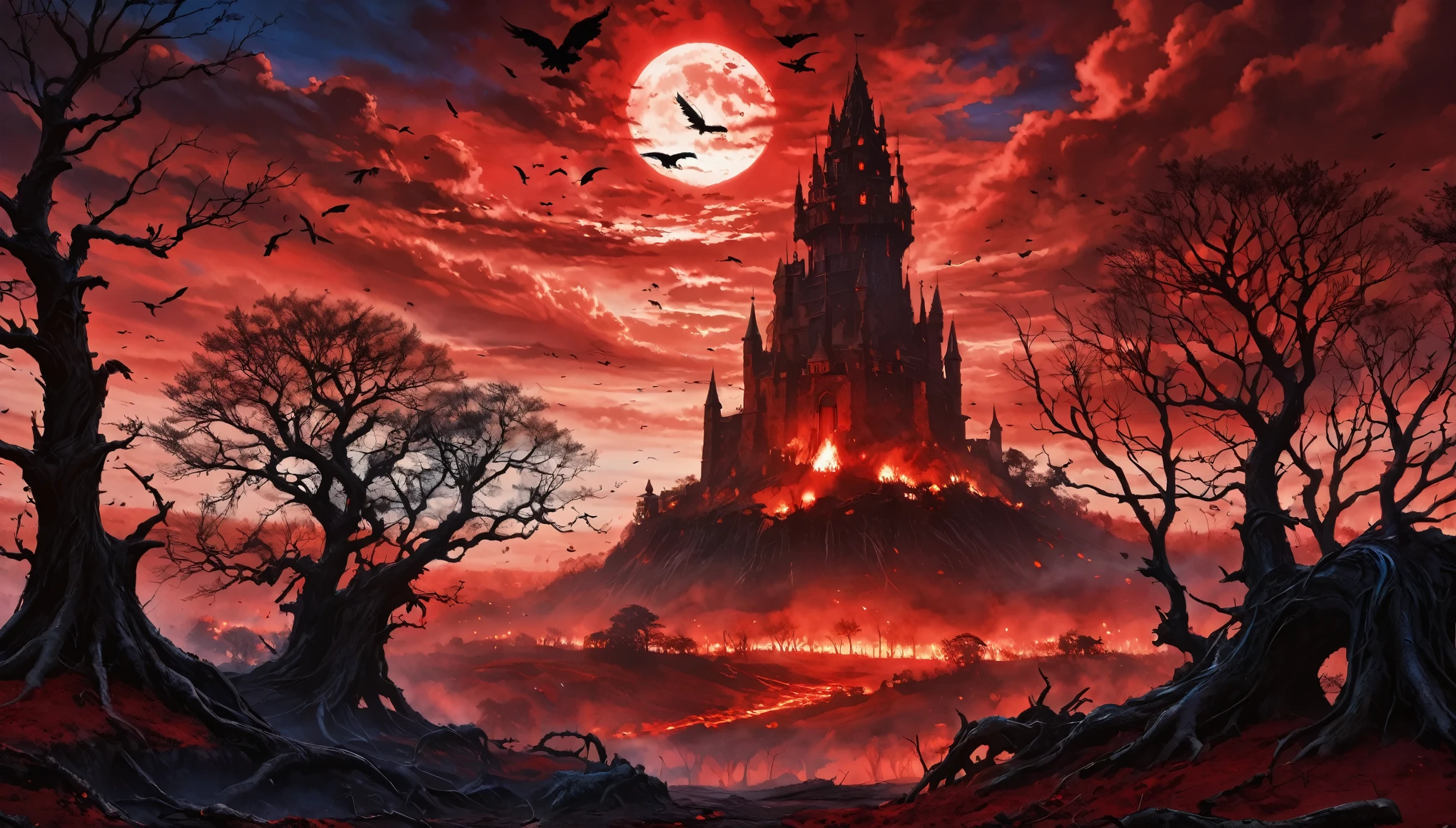  anime aestetics, grim scene, ((huge red eye at the skies)), ravens flyting on the foreground, roots and banches of a giant tree, dark tall tower in the center, medieval tower, white red and blue colors, bloddy red sky, world after fal, burning ashes in the air, epic scene, ultra wide picture, anime, wide shot, from below, atmospheric perspective, perspective, 8k, highres, best quality, super detail, UHD, masterpiece