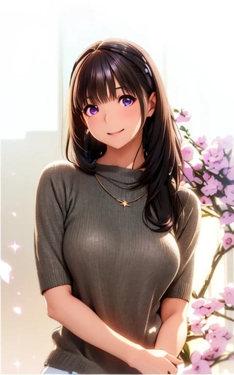 High resolution,In 8K,Highest quality,detailed,Semi-realistic anime,Anime 3D Style,Smooth anime CG,One Girl,One Japanese woman,slim,Modeled,Shiny brown hair,Medium Hair,detailedな顔,Beautiful and detailed,Glowing Skin,(Grey half sleeve knit),necklace,straggling hair,Angel-like hair,Small breasts,((Deep violet sparkling eyes)),((Looking into the camera)),(((Open your mouth))),((Smile)),((vapor))