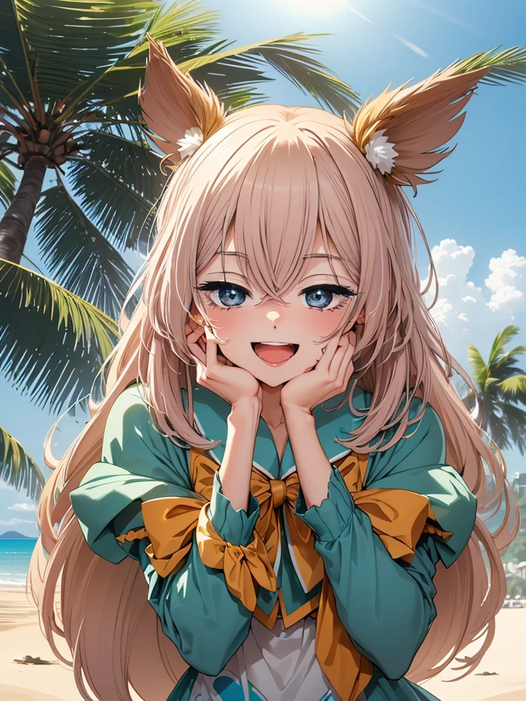 (High resolution:1.3), (Best image quality:1.3), Excellent details, (Beautiful and delicate face:1.1), (Highest quality), (masterpiece), Beautiful body, Beautiful Face, ((detailed)), (Expression of a big laugh:1.2), (Beach background), Open your mouth, Magical Girl Costume, (Transformation pose)