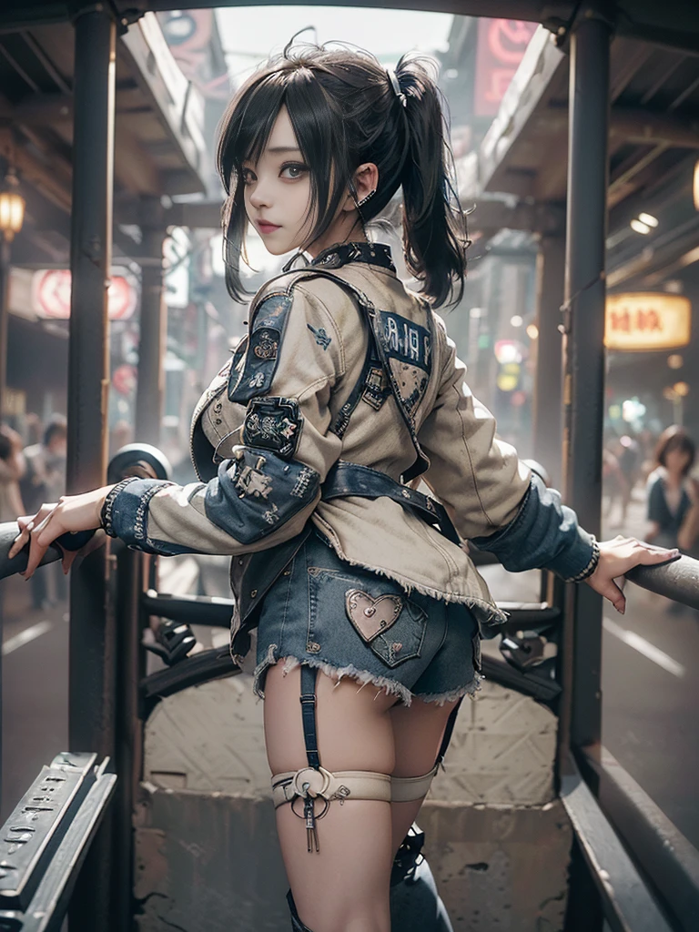 (Full Body View:1.4)、(Back view:1.4)、(Smiling with teeth showing:1.3),(Shibuya Gal:1.5)、(Hostess:1.4)、(Neo-goth fashion:1.5)、(Punk RockVisual Kei:1.3)、(Futuristic bodysuit in white, beige and denim with embellishments:1.5)、(A delicate short jacket in denim, beige and navy:1.5)、(Denim garter belt:1.5)、(Tattered denim and a white micro mini skirt:1.3)、(Heart-shaped silver accessories:1.5)、(Brown Skin Belt:1.4)、(Blue High Heels:1.4)、(Lace patterned underwear:1.4)、20-year-old、NSFW,((Highest quality、In 8K、masterpiece:1.3))、Sharp focus:1.2、(Layered Cut、Huge boobs:1.1),Beautiful woman with perfect figure:1.4、(Doing an aerobics pose:1.3)、Slender Abs:1.2、Butt、Highly detailed face and skin texture、Detailed eyes、double eyelid,(Twin tails:1.3)、(Black brown hair:1.3)、Obscene、Gravure idol、(Luxurious amusement park at night:1.3)、(Make your legs thinner:1.4)、(Thin thighs:1.4)、(Slim body:1.3)、(clavicle:1.1)