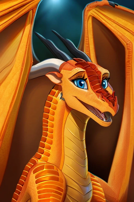 (Wings of fire), female,((( dragon))),(((péril))), (((blue eyes))), (((orange scales))), fire scales, plain, (((higt quality picture))) , wings, (( happy))