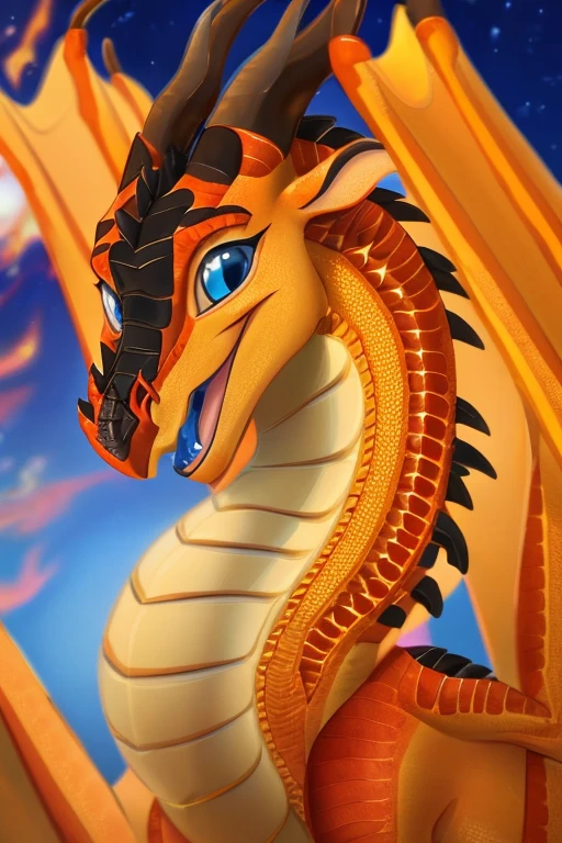 (Wings of fire), female,((( dragon))),(((péril))), (((blue eyes))), (((orange scales))), fire scales, plain, (((higt quality picture))) , wings, (( happy))