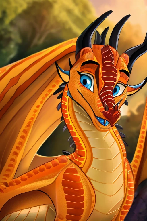 (Wings of fire), female,((( dragon))),(((péril))), (((blue eyes))), (((orange scales))), fire scales, plain, (((higt quality picture))) , wings, (( happy))