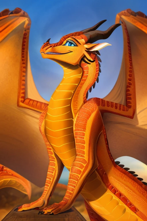 (Wings of fire), female,((( dragon))),(((péril))), (((blue eyes))), (((orange scales))), fire scales, plain, (((higt quality picture))) , wings, (( happy))