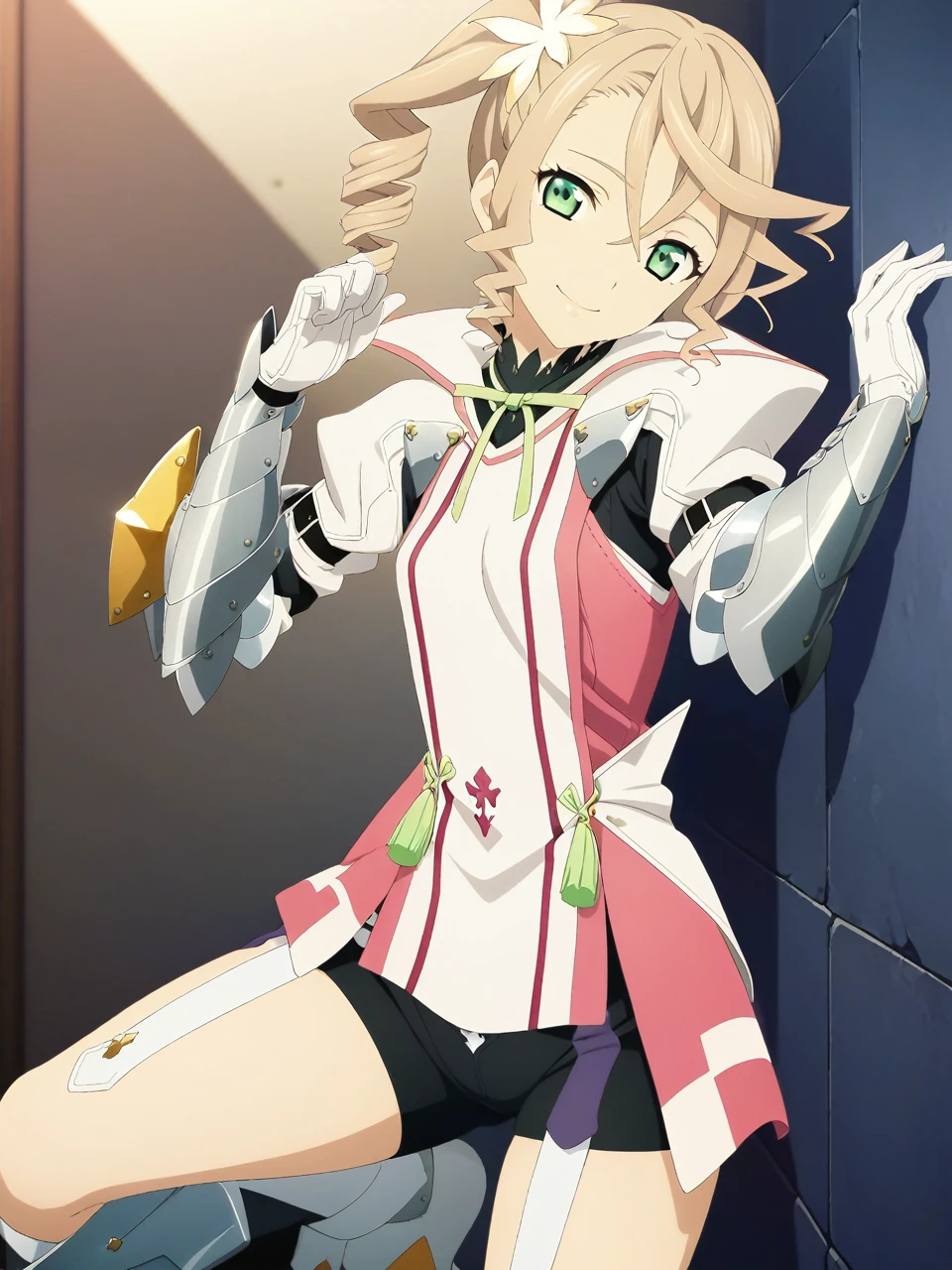 NSFW:1.5,adarmor, Blonde, Side Ponytail, Green Eyes, armor, Neck ribbon, Black shorts, Garter Straps, Gauntlet, gloves, Greaves, One girl, chest wall, Game CG, Anime screenshots, Official Art, masterpiece, Highest quality,A captivating smile,small breasts,One leg up, standing