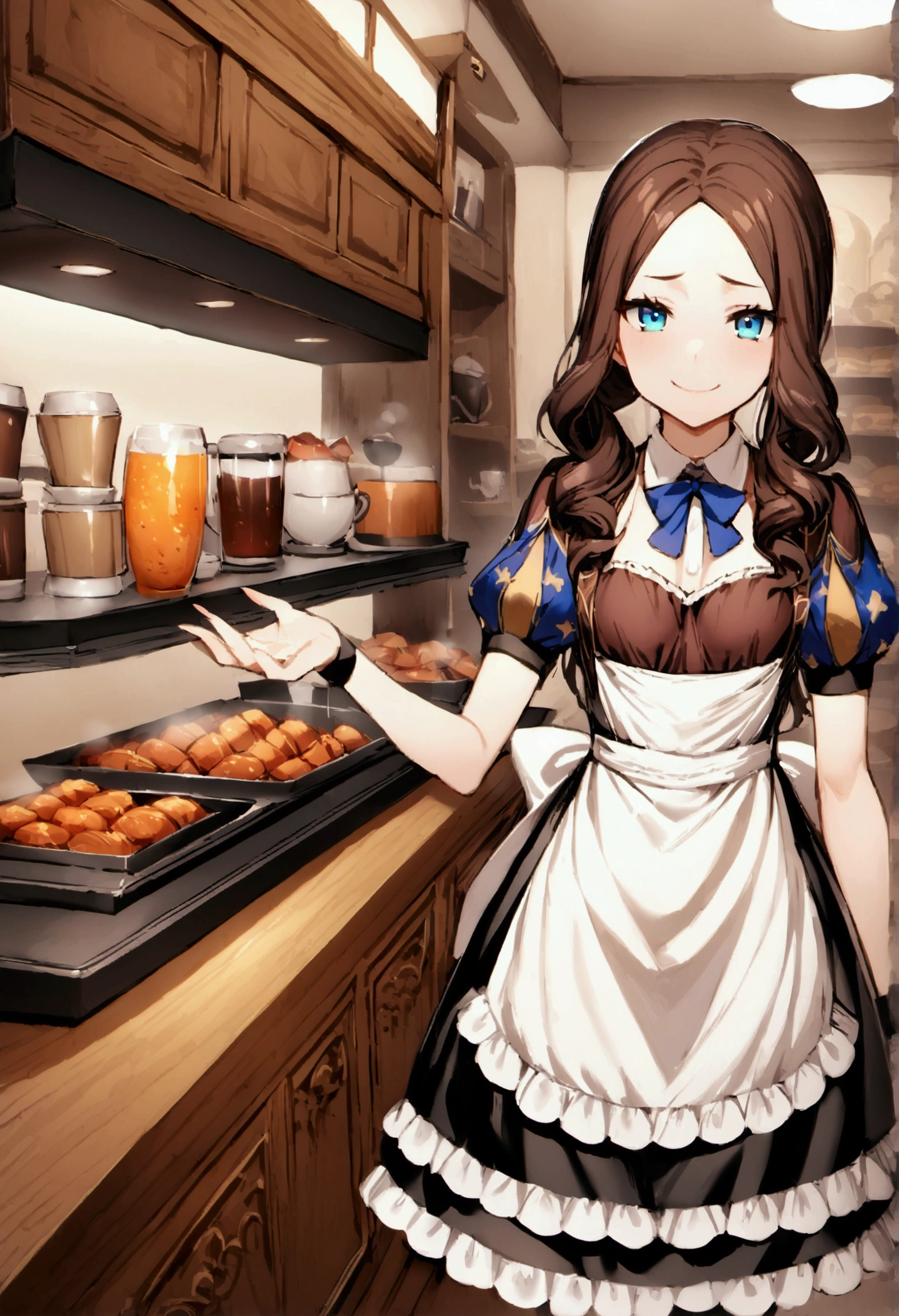 NSFW,masterpiece,Highest quality,High resolution,Very detailed,Leonardo da Vinci\(Fate/grandorder\),blue eyes, Long Hair, Brown Hair, Side Lock, Low Ponytail, ribbon, Short sleeve, Wrist cuff, maid, apron, maidヘッドドレス, Black knee socks,Small breasts,Bewitching Smile,Coffee shop,Serve customers