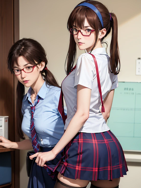 1girl, Mari Makinami, blue big eyes, brown hair, red rimmed glasses, blue headband, twintails, short sleeves dress shirt, (plaid skirt), pantyhose, school uniform, thighhighs, necktie, Slightly slim Beautiful figure, parted bangs, 
BREAK. 
((Fall backwards:1.2, fall on one's butt:1.3, Shyly holding down her skirt:1.2, No panties visible, Embarrassed look:1.3)), ((In the classroom)), 
((masterpiece)), (anime realistic), High resolution, Best Quality, Super detailed, (high quality texture:1.2), RAW photos