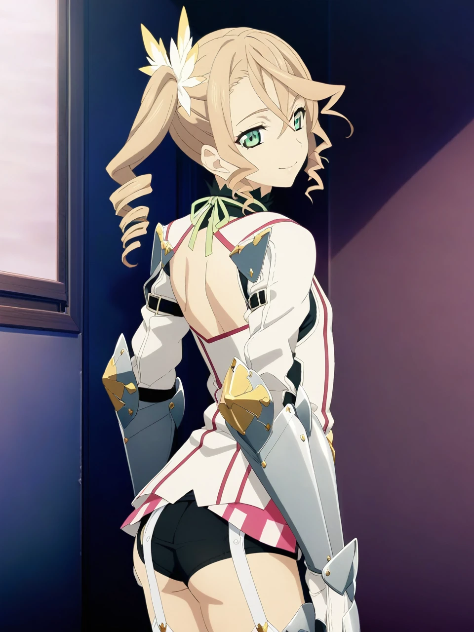 NSFW:1.5,adarmor, Blonde, Side Ponytail, Green Eyes, armor, Neck ribbon, Black shorts, Garter Straps, Gauntlet, gloves, Greaves, One girl, chest wall, Game CG, Anime screenshots, Official Art, masterpiece, Highest quality,A captivating smile,small breasts,Back view,Show your ass