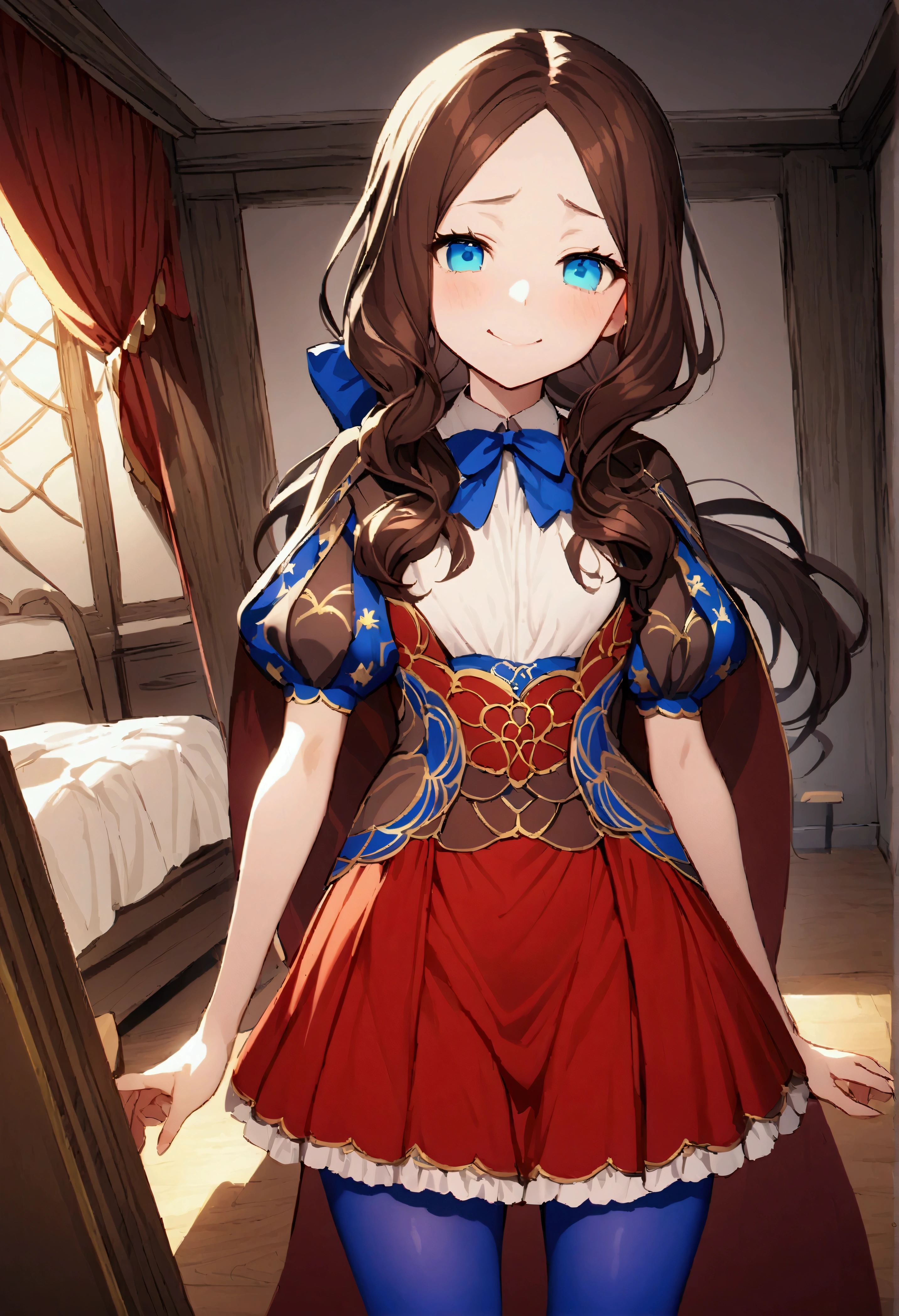 NSFW,masterpiece,Highest quality,High resolution,Very detailed,Leonardo da Vinci\(Fate/grandorder\),blue eyes, Long Hair, Brown Hair, Side Lock, Low Ponytail, ribbon, dress, White shirt, Puff sleeves, Short sleeve, Red Skirt, Cape, Blue Pantyhose,Small breasts,Bad Smile,provoke,Master Room