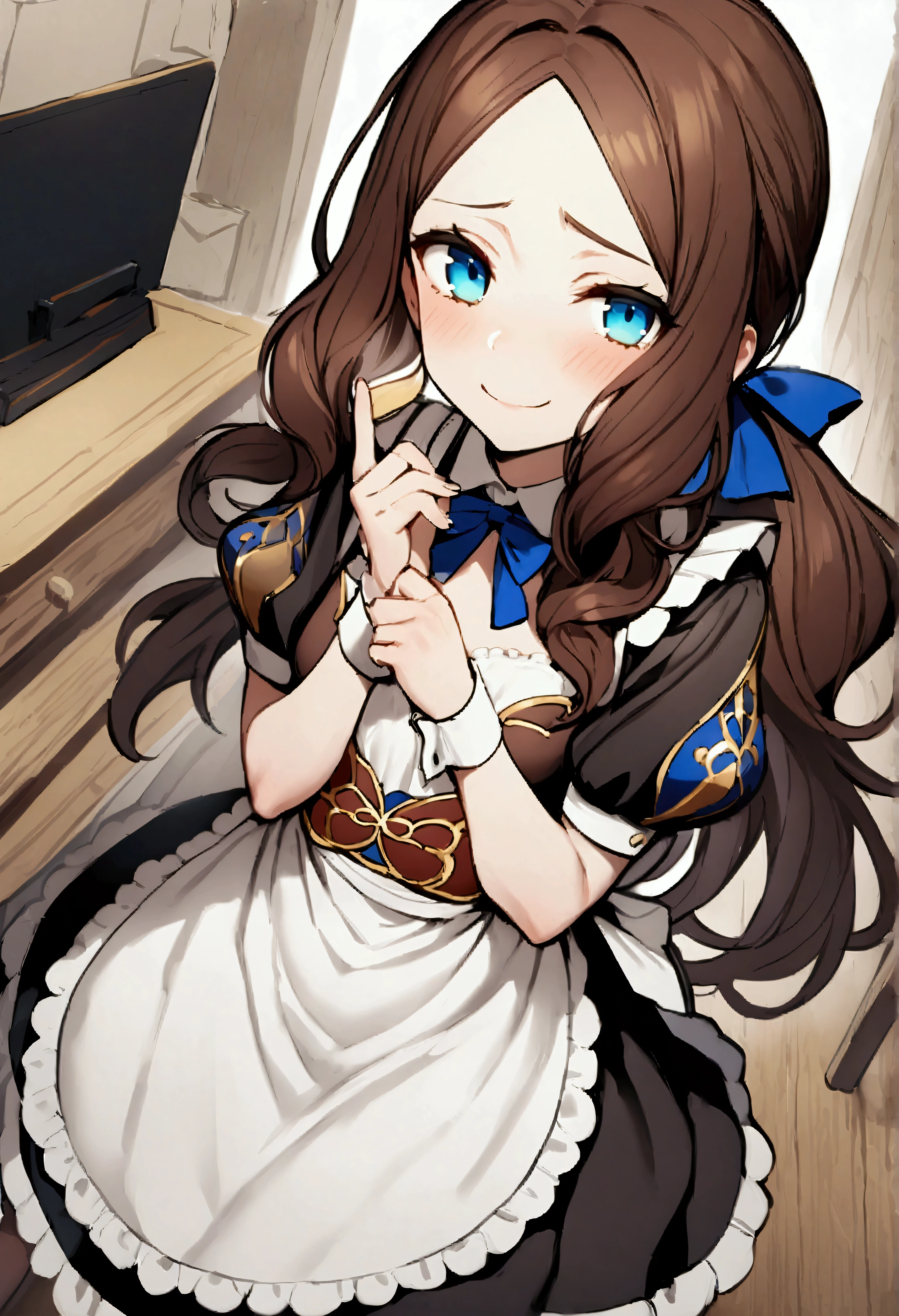 NSFW,masterpiece,Highest quality,High resolution,Very detailed,Leonardo da Vinci\(Fate/grandorder\),blue eyes, Long Hair, Brown Hair, Side Lock, Low Ponytail, ribbon, Short sleeve, Wrist cuff, maid, apron, maidヘッドドレス, Black knee socks,Small breasts,Bewitching Smile,Coffee shop,Serve customers