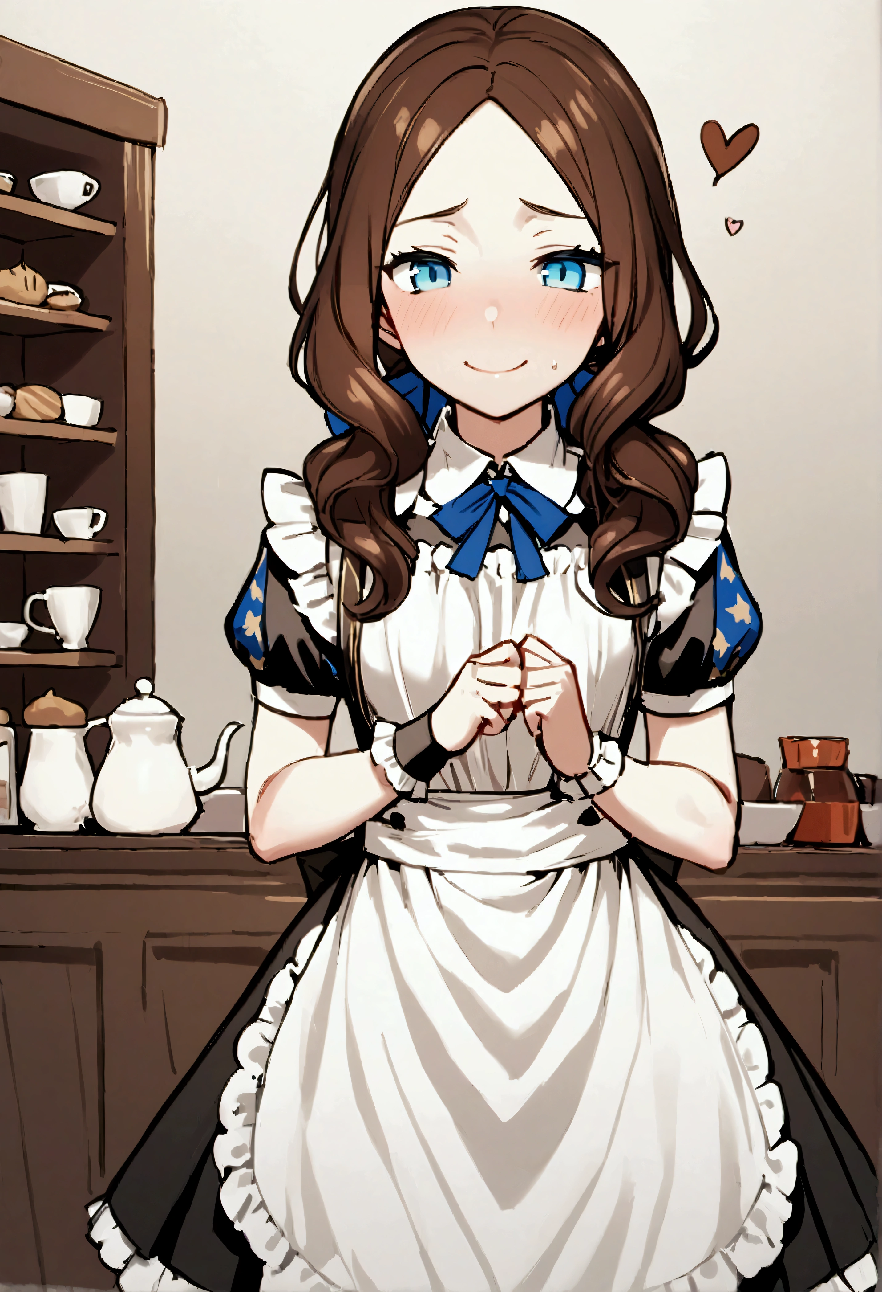 NSFW,masterpiece,Highest quality,High resolution,Very detailed,Leonardo da Vinci\(Fate/grandorder\),blue eyes, Long Hair, Brown Hair, Side Lock, Low Ponytail, ribbon, Short sleeve, Wrist cuff, maid, apron, maidヘッドドレス, Black knee socks,Small breasts,Bewitching Smile,Coffee shop,Serve customers