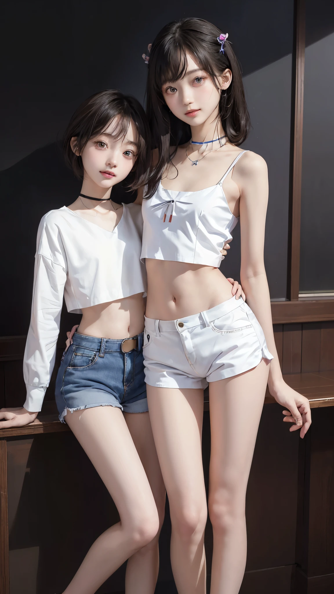 smile、Japanese, high school girls, (((flat chest))), (flat chest:1.1),Perfect Face, , two girls、Beautiful big eyes,twins, Masterpiece,Best quality,offcial art,Extremely detailed Cg Unity 8K wallpaper, 2girls, cute female , yuri, hair adornments, Short shorts, Crop top, Pantyhose, ribbon_choker necklace, leg belt,masterpiece, (((flat chest))), (flat chest:1.1),best quality,A-cup、Small breasts, detailed face、Thin legs, long legs, too long legs、Beautiful face, lovely、Cute twin girls、Long thin legs, thin thighs、High-resolution model, High detail, high quality, Very detailed, Ultra high definition, Textured skin, smile, smile, 