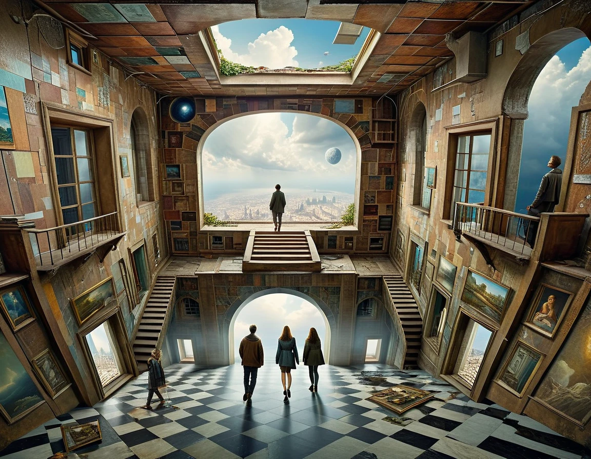 masterpiece, best quality, high resolution, extremely detailed CG, absurdres, A weird room, irrational construction, indoors,impossible, mysterious, optical, rooms, walls, stairs, windows on floor, doors on wall, table on wall, picctures on floor, picctures on ceiling, people walking on wall, people walking on ceiling,  ((surreal)),(extremely detailed background:1.6