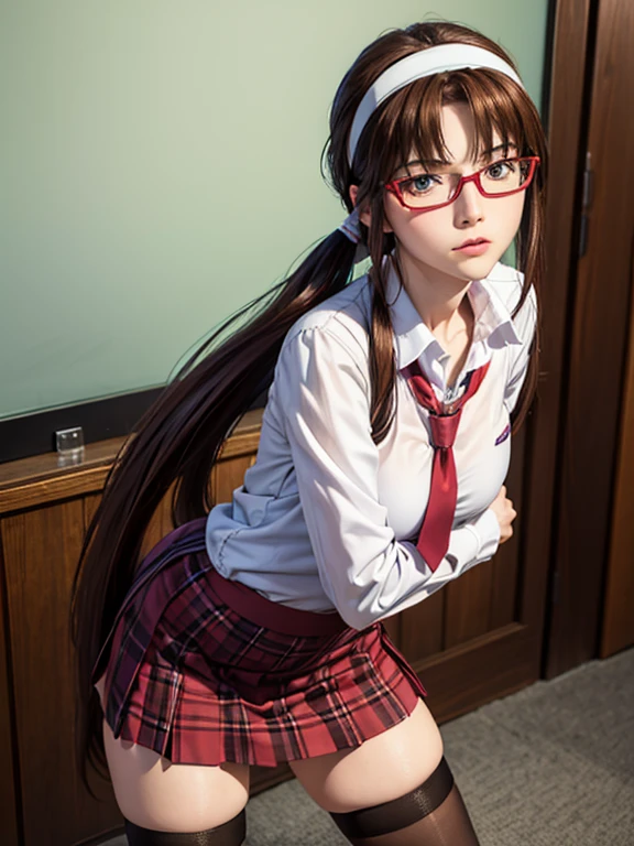 ((fall on one's butt with open legs:1.2, She shyly holds down her skirt:1.2, Embarrassed look)), Lucky Happenings, ((In the classroom)), 
BREAK. 
1girl, Mari Makinami, blue big eyes, brown hair, thick red rimmed glasses, headband, twintails, dress shirt, plaid skirt, pantyhose, school uniform, thighhighs, necktie, Slightly slim Beautiful figure, parted bangs, (Teddy Bear), ((masterpiece)), (anime realistic), High resolution, Best Quality, artistic photography, Super detailed, (high quality texture:1.2), RAW photos 