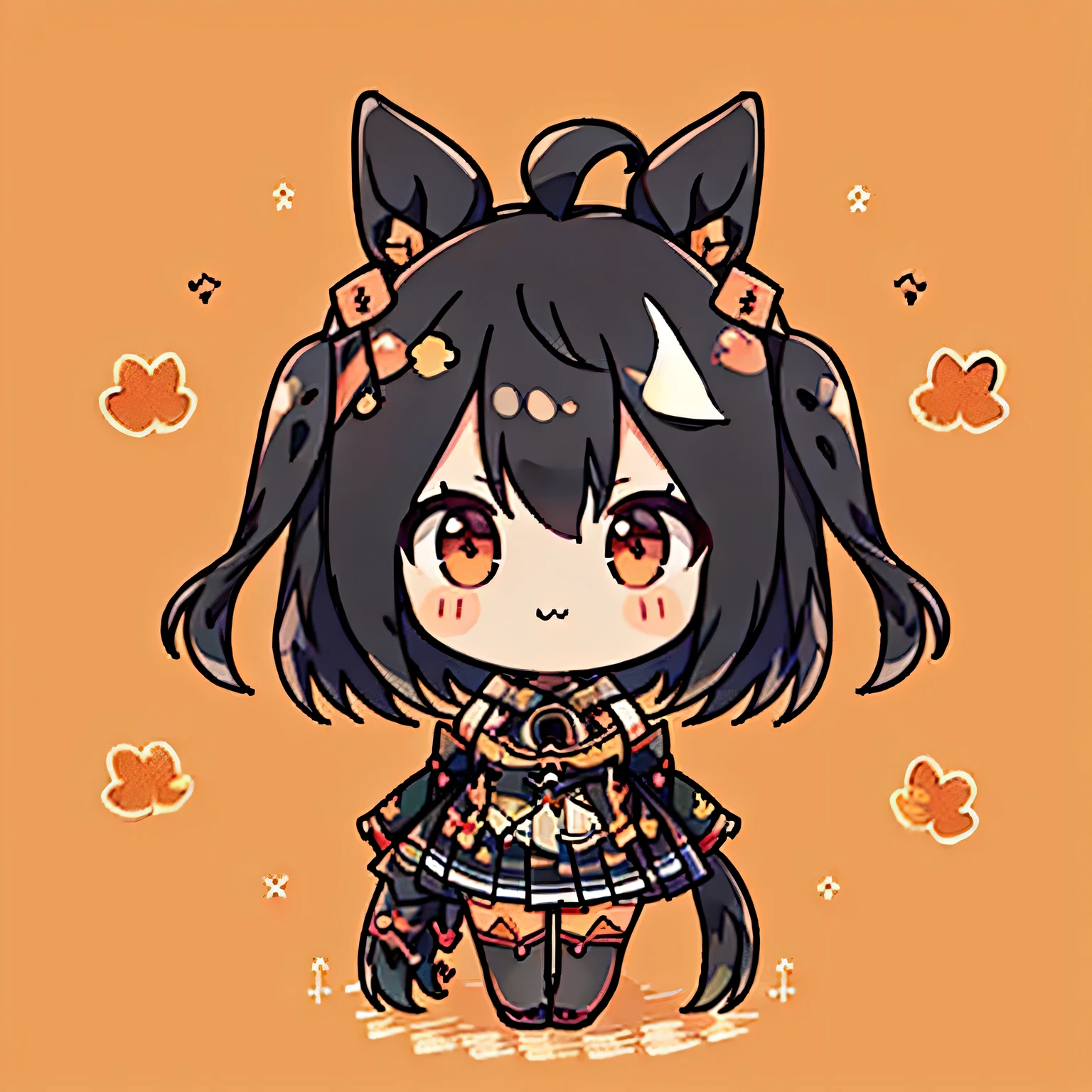 ((masterpiece, highest quality)), 1girl、((Kitasanblack, ahoge, hair ornament, horse ears, horse tail
cleavage cutout, detached sleeves, skirt, black thighhighs, bare shoulders)), horse ear、Horse tail、Simple Background（warm color）、Lots of autumn foliage、Hold the sweet potato with both hands and eat it、A satisfied look、(chibi), 