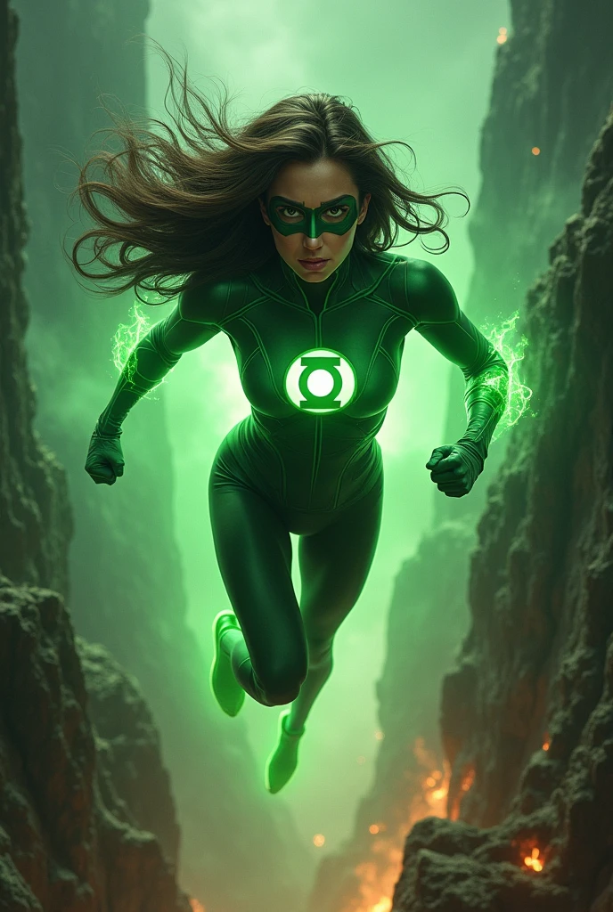 Woman dressed as DC Green Lantern,Future Cityscape, at night, Glowing neon lights, cigarette, spark, Metal shavings, Flying debris, blue energy effects, Volumetric Light