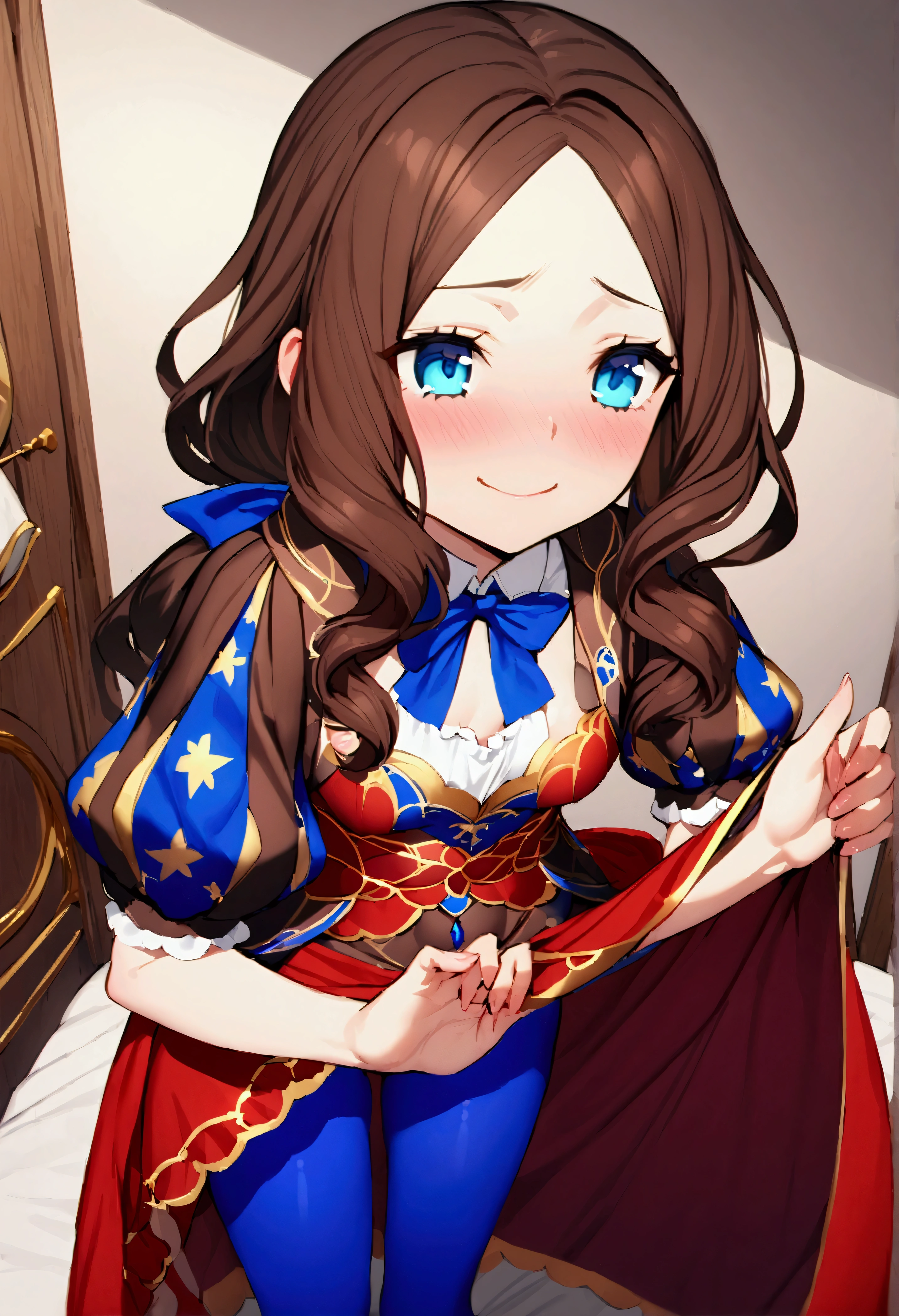 NSFW,masterpiece,Highest quality,High resolution,Very detailed,Leonardo da Vinci\(Fate/grandorder\),blue eyes, Long Hair, Brown Hair, Side Lock, Low Ponytail, ribbon, dress, White shirt, Puff sleeves, Short sleeve, Red Skirt, Cape, Blue Pantyhose,Small breasts,Bad Smile,Seduce,Master Room