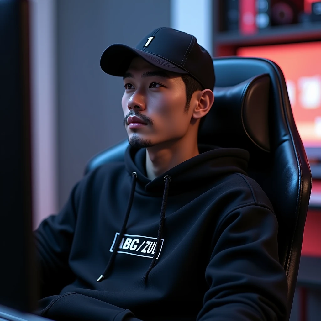 handsome japanese man wearing designer black hoodie with label "SANG PENULIS " on left part of hoodie, sitting lazy and casually, and blow smoke from his mouth and holds a burnt ciggarette. he is sitting in industrial bedroom on black leather sofa, looking at his gaming pc. realistic, hdr, uhd, 8k    Sitting on a plastic chair and leaning back, exhaling smoke from his mouth, smoking casually, also giving a smoke effect. White painted wall background. Hyper Realistic. 