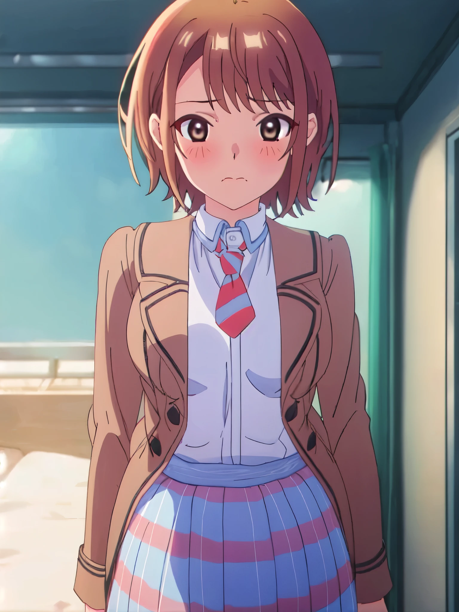 ((((masterpiece、Highest quality、High resolution、High precision)、anime)))、Brown Hair、Beautiful breasts、(Dynamic pose)、looking at the camera、(Beautiful detailed face、Beautiful big eyes)、((One beautiful woman))、((Embarrassed face))、Red cheeks、(((Blushing with a bitchy expression)))、Standing in the school gym、Light from below、Brown eyes、Short Hair、Small breasts、Solo portrayal、Wear a brown blazer、Wear a checked skirt