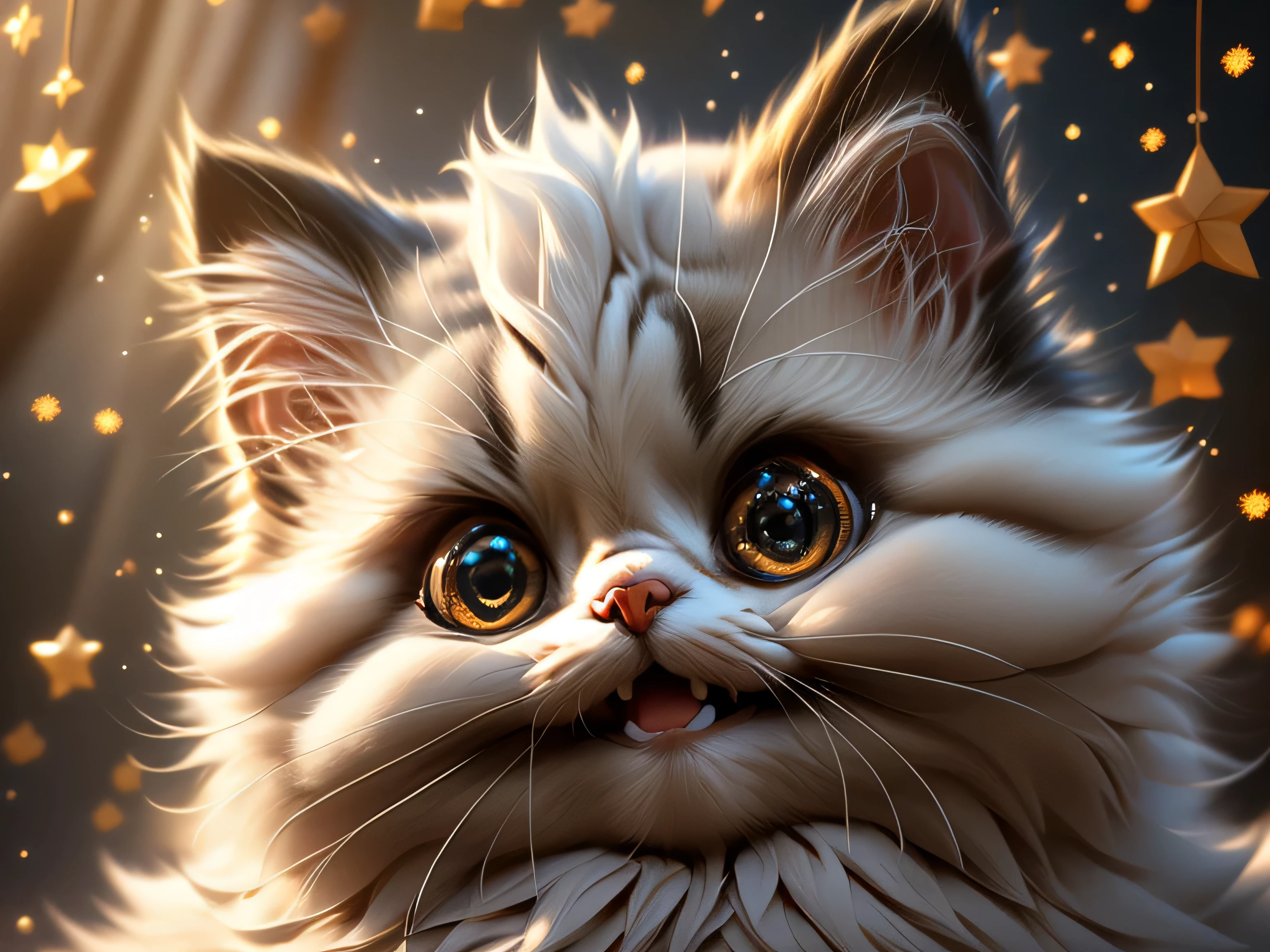 close-up photo super cute, big-eyed, with a soft, gentle nose, fluffy, smiling with two teeth, Persian cat on a natural background, realistic, beautiful, sparkles, stars in the eyes, soft volumetric light, (backlight:1.3), (cinematic:1.2), intricate details, (ArtStation:1.3), Rutkowski --auto --s2