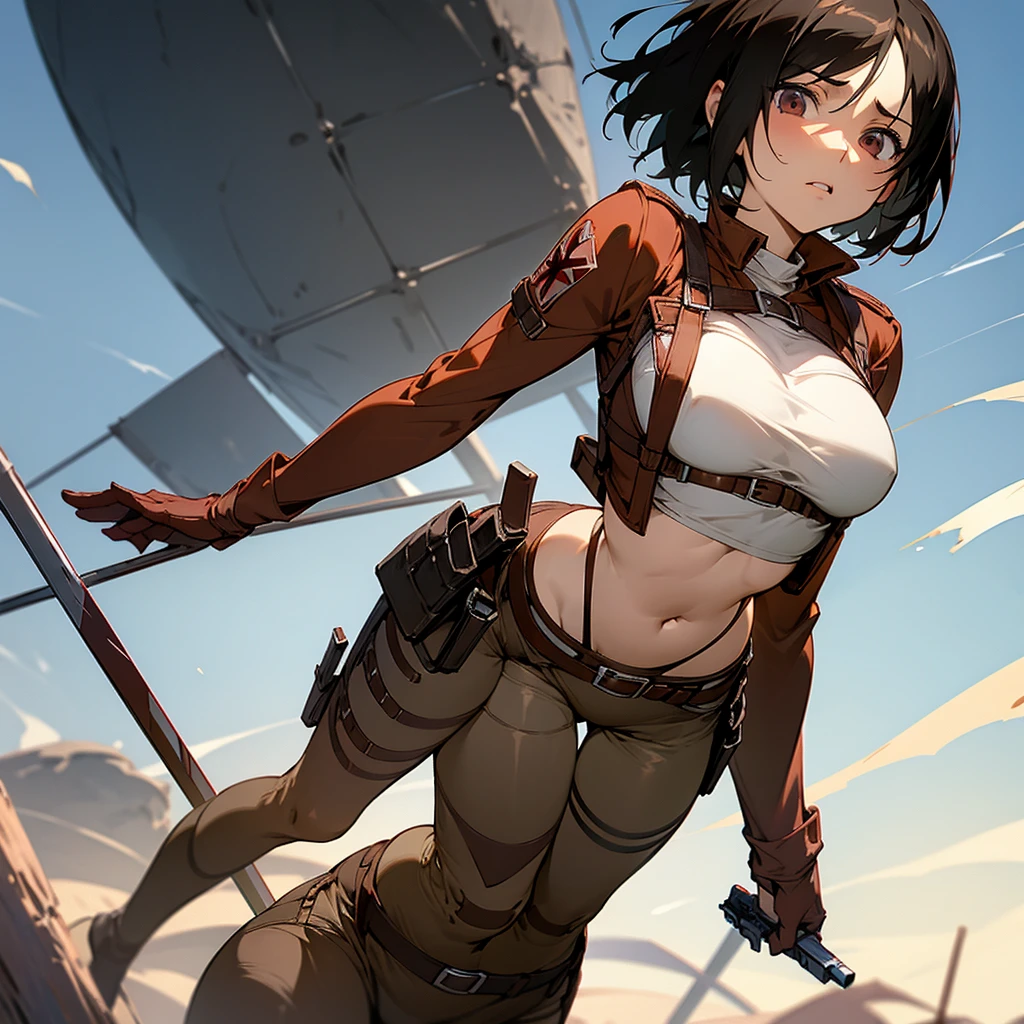 best quality, masterpiece, extremely delicate and beautiful, 1 girl, solo, mikasa ackerman, 1 girl, black hair, brown jacket, gray eyes, hair between eyes, jacket, long sleeve, looking at viewer, from above, outdoors , sunny day, paradis_military_uniform, red_scarf, short_hair, posing, thigh_strap, three-dimensional_maneuver_gear, uniform, small boobs, outdoors, thick thighs, sad look, sad woman, foreshortening, leaning forward, hands behind back, teacher artwork, detailed, high quality, high sharpness, high resolution, cottontail, 1 girl, solo, naughty face, blushing, smile, small boobs, curvy, wide hips, groin, (cameltoe), micro bikini, wariza , ( wet: 1, 3, sweat: 1,3 ) wet, transparency, rubbed, belly, fat woman, big stomach, fat woman, cameltoe wet