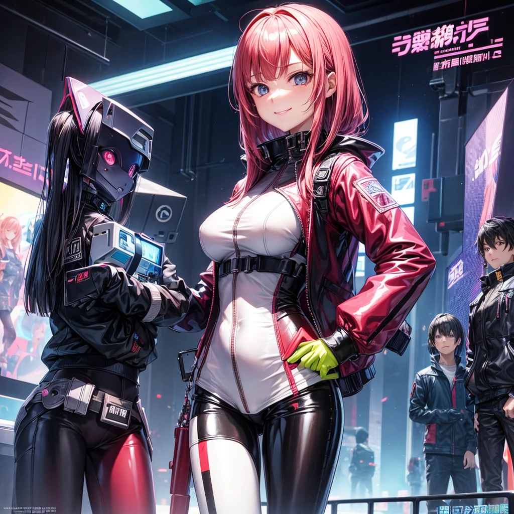 cyberpunked Red leather jacket Kizi smil beste-Qualit masterpiece Super-High Resolution Pink hair Red bodysuit Long