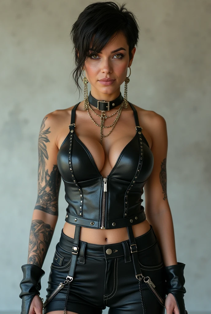 A girl with very short wet and messy black hair , (very short messy black hair) , blue eyes , light smile, mouth slightly open, both hands behind head, innocent look, gorgeous face , super cute, , (slim figure , large breast) , very slender, narrow hips, city at night , Neon lights , surrealism, purple cotton underboob t-shirt, studded collar, ((ultra low rise black ripped leather pants)), (((leather pants))), long riveted belts, extra belt, leather arm sleeves, ((underboob tattoo)), exposed thong, (((navel piercing))), abs