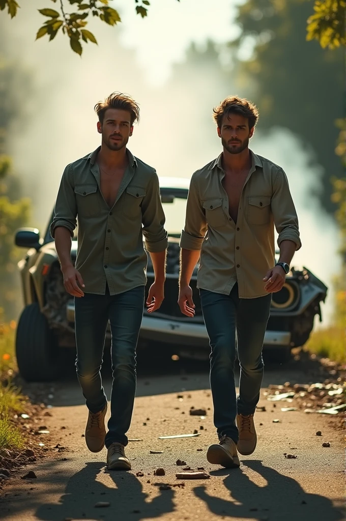 A handsome, beautiful, attractive 2 man wearing a hat and a black cowboy outfit getting out of a car with a handsome, cute, shirtless young man carrying the young man on a last night