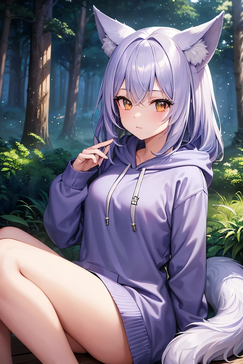 Cute, young, bottomless , wolf ears, fluffy tail, bottomless, crouching, purple hair, purple tail, spread legs, peeing, urinating, ????, pissing