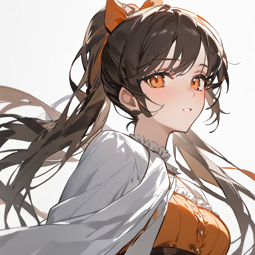 portrait, Orange double ponytail，1 Girl, Looking at the audience,Medium breasts, shawl ，Three-seven bangs，White background, best quality, excellent quality, lol (lol lwlw), No，Miss, avatar，Long hair，Girl，Moe，cute，Orange Eyes，****ta skirt