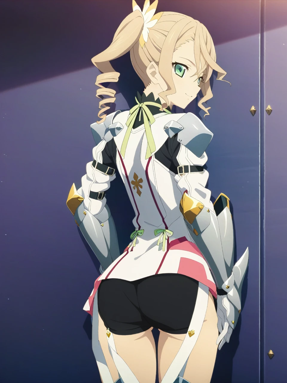 NSFW:1.5,adarmor, Blonde, Side Ponytail, Green Eyes, armor, Neck ribbon, Black shorts, Garter Straps, Gauntlet, gloves, Greaves, One girl, chest wall, Game CG, Anime screenshots, Official Art, masterpiece, Highest quality,A captivating smile,small breasts,Back view,Show your ass