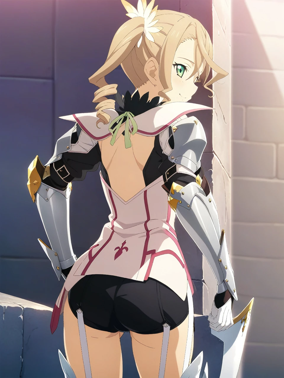 NSFW:1.5,adarmor, Blonde, Side Ponytail, Green Eyes, armor, Neck ribbon, Black shorts, Garter Straps, Gauntlet, gloves, Greaves, One girl, chest wall, Game CG, Anime screenshots, Official Art, masterpiece, Highest quality,A captivating smile,small breasts,Back view,Show your ass