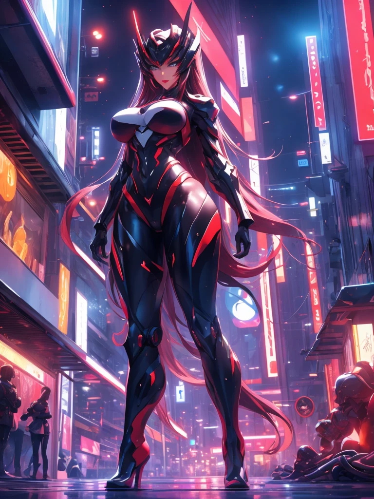 one woman, beautiful face, fair skin, very long flowing black hair, blue eyes, red lips,button nose,perfect body, curvaceous body, huge breasts, tiny slim waist, mega wide hips,massive legs,mecha armor,modern city,night,city lights,wonderful,impressive scenery,exciting,ultra-modern,technology-driven,sleek design,dynamic,futuristic,fast-paced,majestic skyscrapers,glowing neon lights,vibrant colors,shimmering reflections,illuminated streets,glamorous,female elegance,chic attire,captivating smile,perfectly styled hair,determined gaze,high-quality,masterpiece:1.2,ultra-detailed,realistic:1.37, HDR,UHD,studio lighting,professional,vivid colors" on balcony of a tall hotel,front view, full body