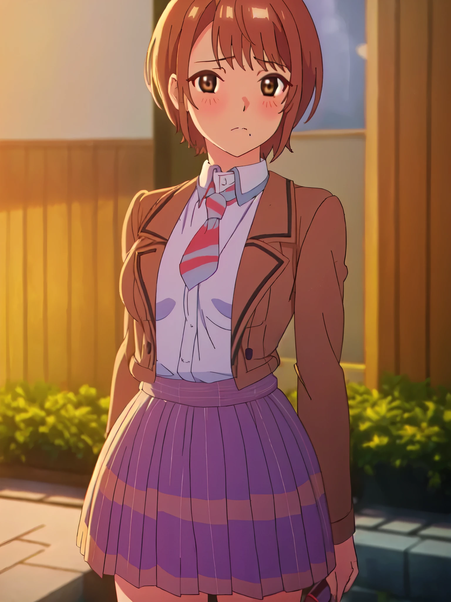 ((((masterpiece、Highest quality、High resolution、High precision)、anime)))、Brown Hair、Beautiful breasts、(Dynamic pose)、looking at the camera、(Beautiful detailed face、Beautiful big eyes)、((One beautiful woman))、((Embarrassed face))、Red cheeks、(((Blushing with a bitchy expression)))、Standing in the school gym、Light from below、Brown eyes、Short Hair、Small breasts、Solo portrayal、wear a waist-length brown blazer、Wear a short checked skirt