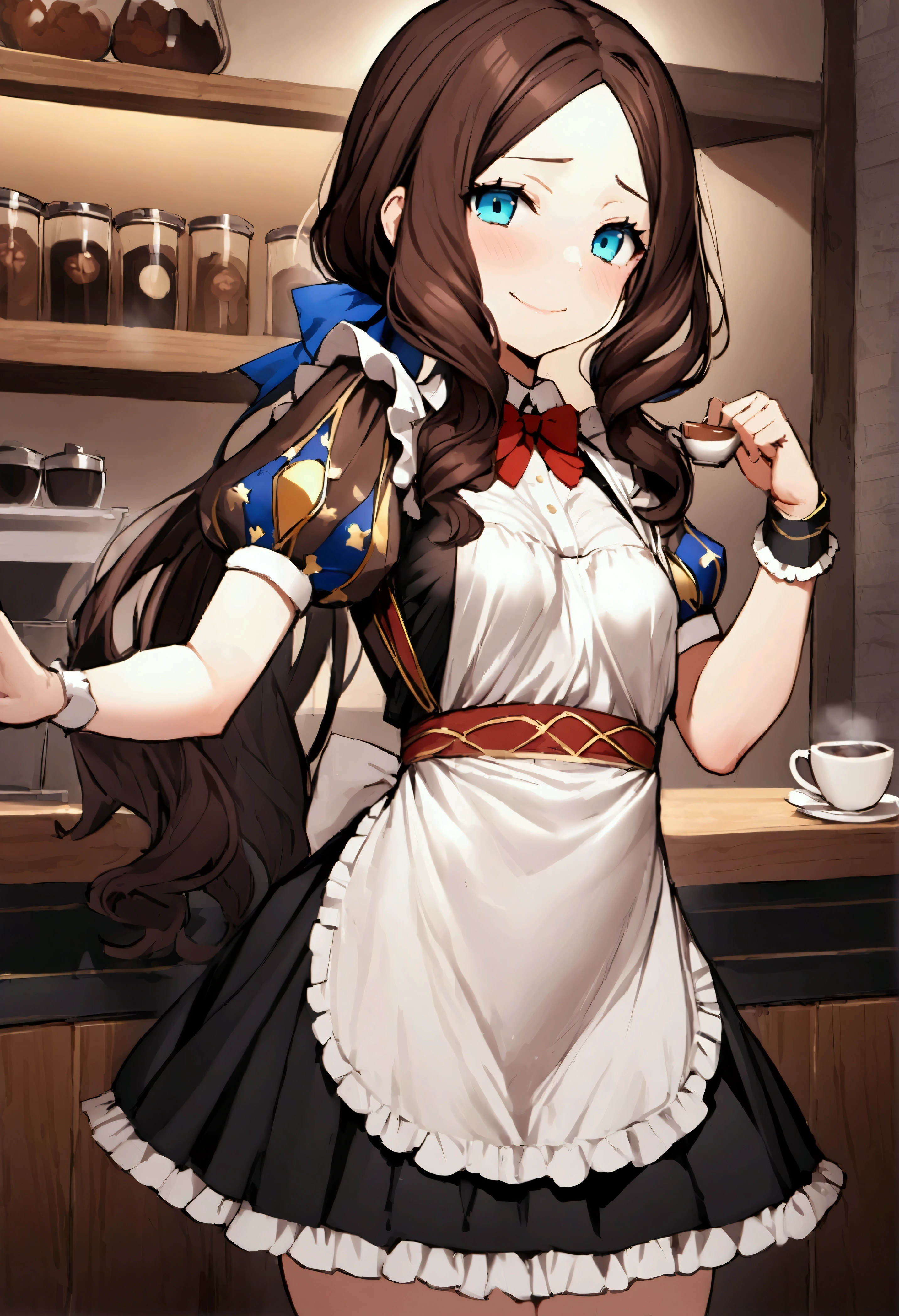 NSFW,masterpiece,Highest quality,High resolution,Very detailed,Leonardo da Vinci\(Fate/grandorder\),blue eyes, Long Hair, Brown Hair, Side Lock, Low Ponytail, ribbon, Short sleeve, Wrist cuff, maid, apron, maidヘッドドレス, Black knee socks,Small breasts,Bewitching Smile,maidカフェ,Coffee shop,Serve customers